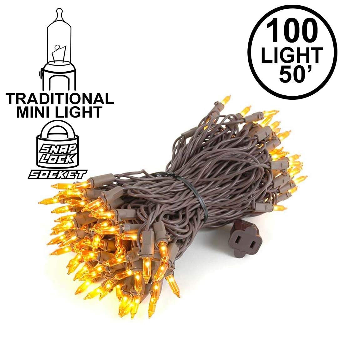 Novelty Lights 50FT 100 Light Halloween Lights, Brown Cord, UL Listed, Indoor/Outdoor, Copper, Model MRD-25B-4, Orange
