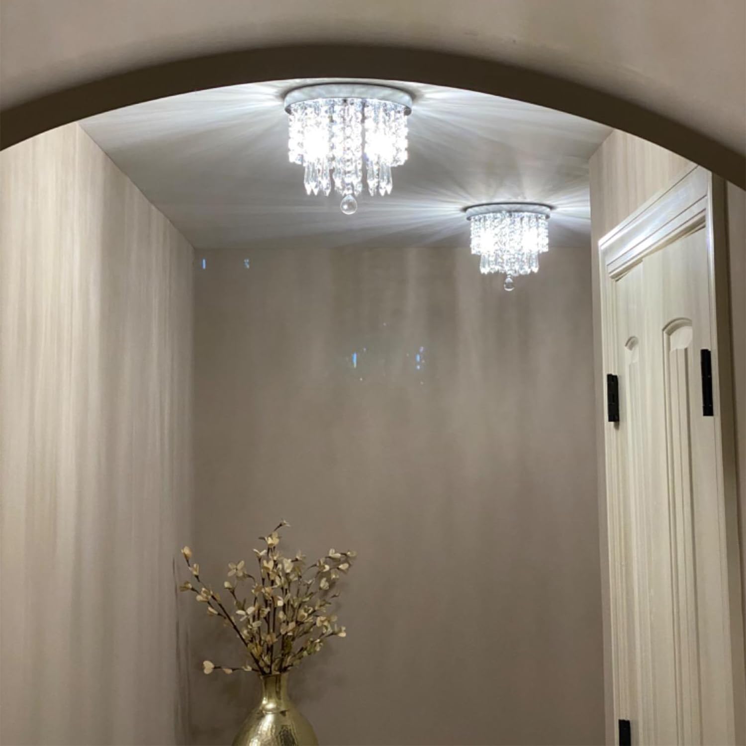 Modern Mini Chandelier Light Fixture,3-Lights Flush Mount Ceiling Light Fixtures Mini Silver Crystal Chandelier Ceiling Lamp For Dining Room, Bedroom, Bathroom, Closet 8'' X 7.3'' Of Crystop