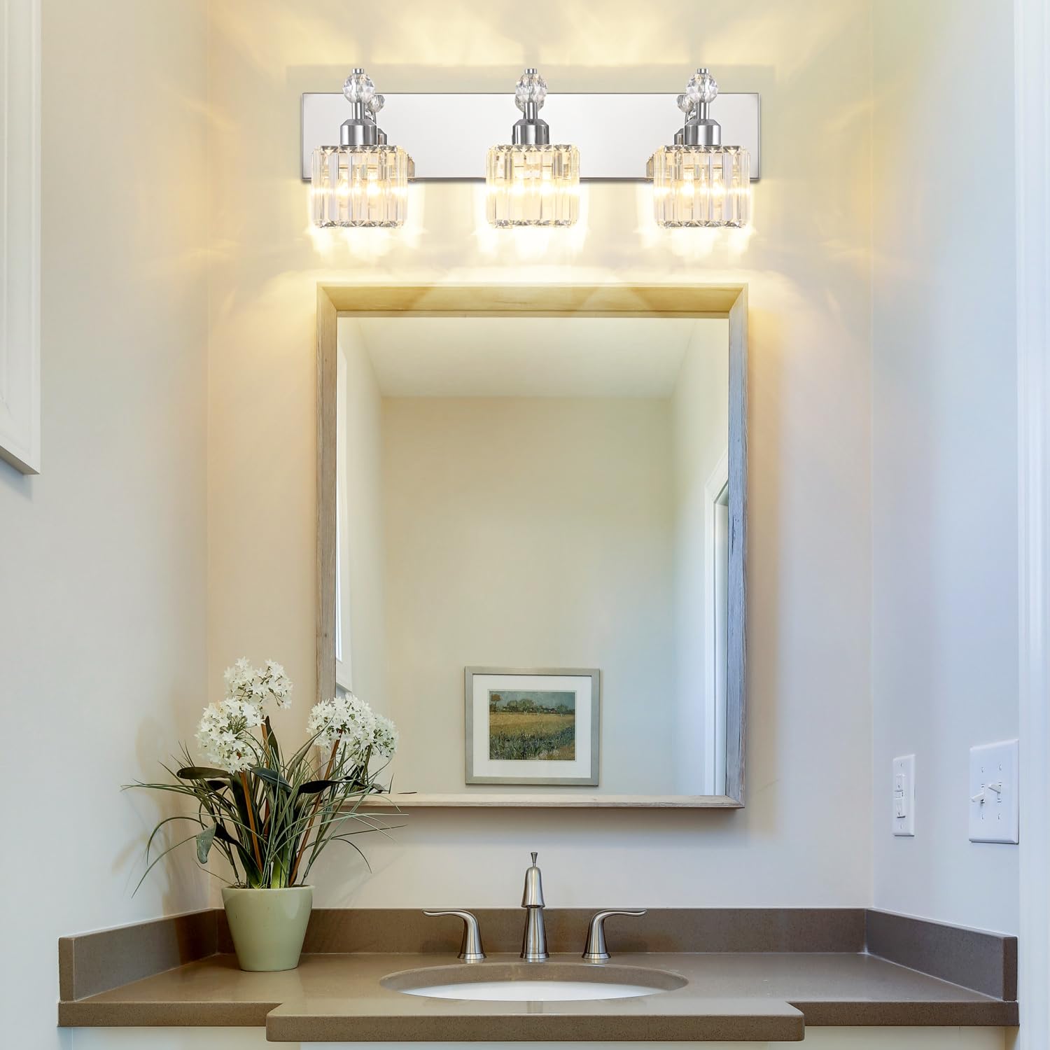PRESDE Modern Vanity Light 3-Lights Chrome Stainless Steel Crystal Bathroom Fixture