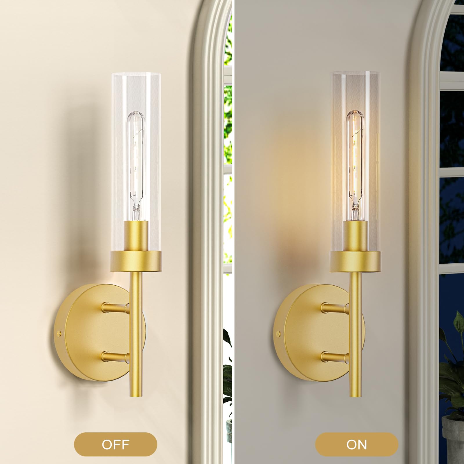 E.P. Light Wall Sconces Set of 2 Hardwired Gold Metal with Clear Glass Shade, Model EP0109