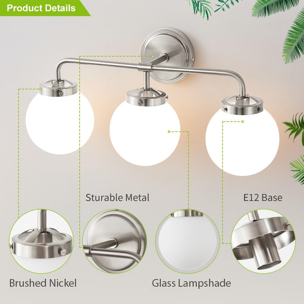 Deyidn Bathroom Light Fixtures Over Mirror, Brushed Nickel Modern Vanity Lights With Milk White Glass Globe Shades 3-Light Farmh