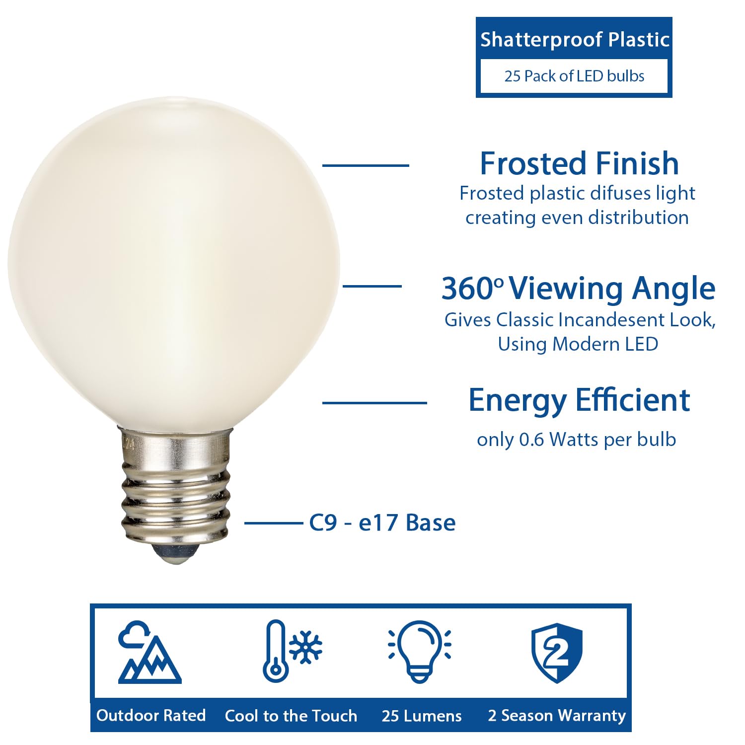 Novelty Lights G50 LED Filament String Light Bulbs, Frosted Warm White, E17/C9 Base, 7W Equivalent, Shatterproof, 25 Pack