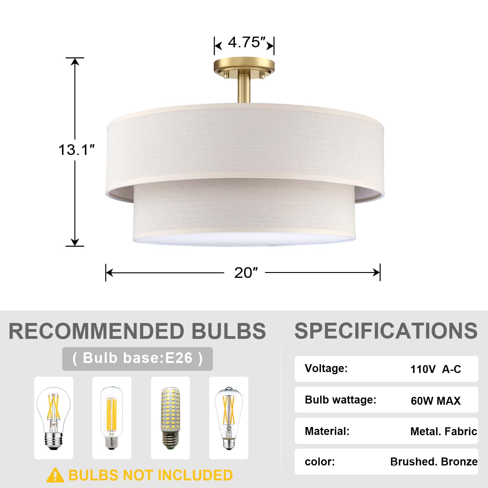 Dolaimi House 20 Inch Semi Flush Mount Light Fixture, Brushed Bronze Finish, Fabric Shade for Bedroom, Living Room, Dining Room