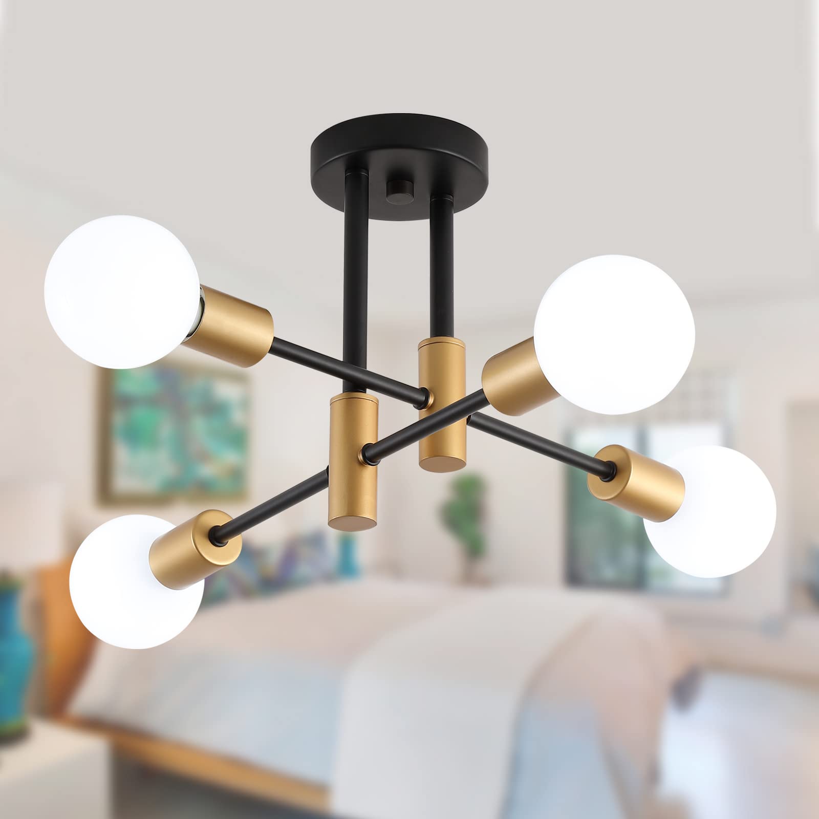 MEIXISUE Black and Gold Modern Sputnik Chandelier Ceiling Light Fixtures,4-Lights Mid Century Industrial Metal Semi Flush Mount 