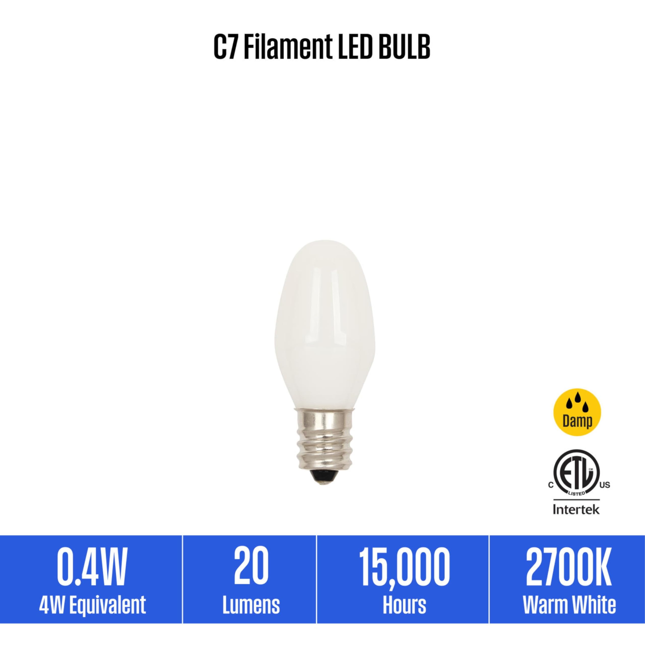Westinghouse C7 Frosted Filament LED Light Bulb, 0.4W (4W Equivalent), Candelabra Base, 2 Pack