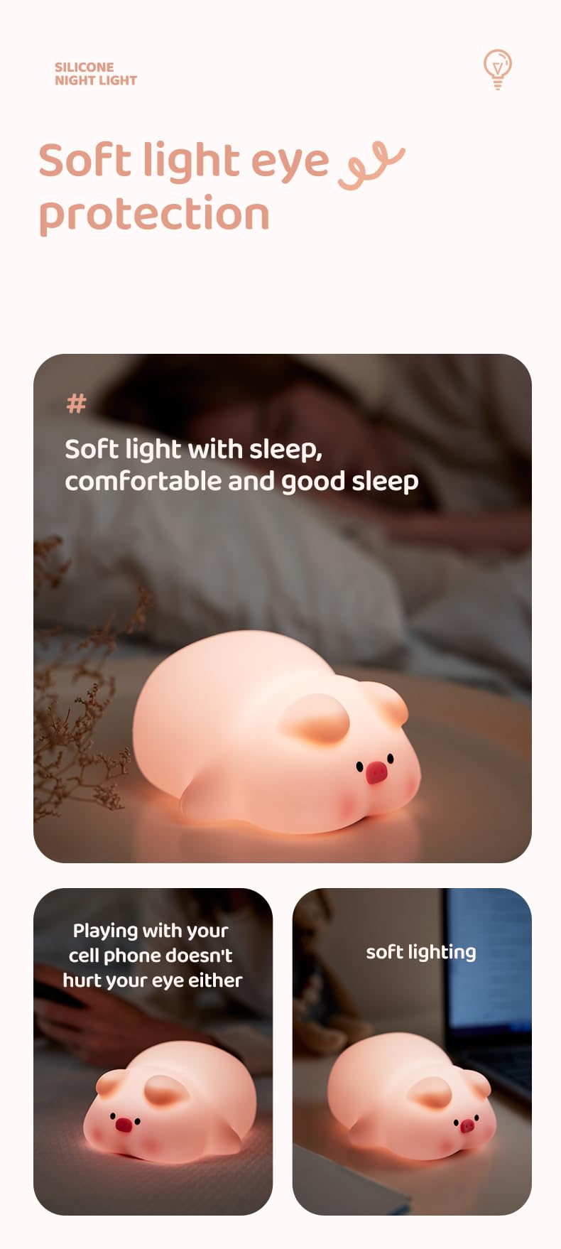 ATSUI Pig Night Light, Rechargeable Silicone Lamp, Adjustable Brightness, Pink, Model ATLE008AP