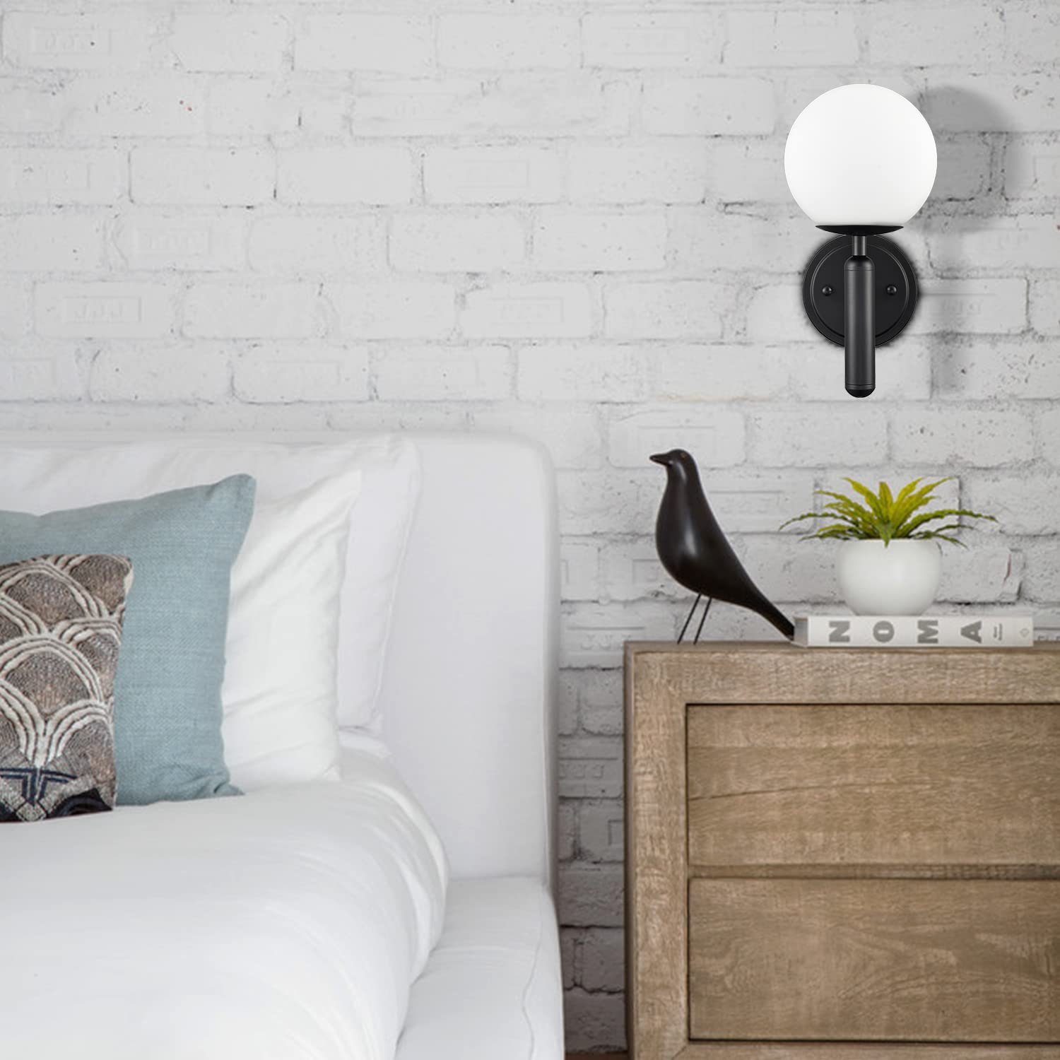 Diryzon Modern Globe Wall Light Fixture Set Of 2 Black Wall Sconces Bathroom Vanity Light With Opal Glass Shade For Living Room