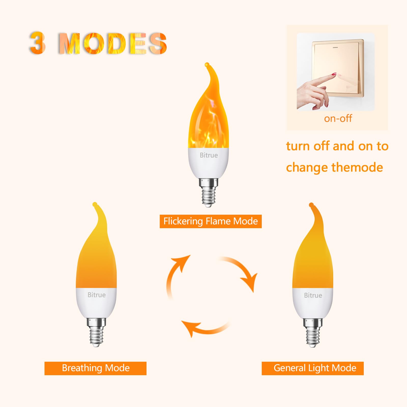 Bitrue Led Flame Bulbs, 3 Modes Flame Effect, E12 Chandelier Base Candle Fire Bulb, Flickering Light Bulbs For/Home/Party Decor