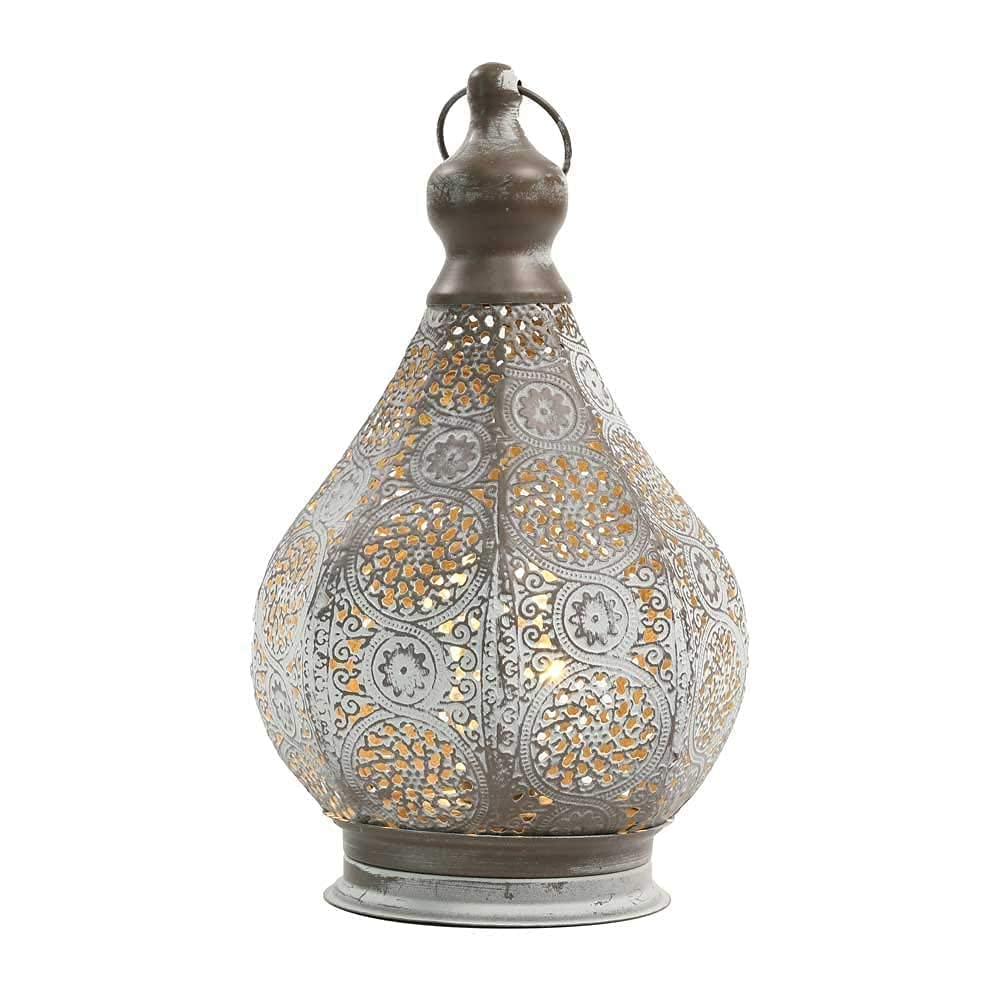 Jhy Design Vintage Moroccan Lantern Table Lamp, Battery Powered, 11.5" Metal Cordless Lamp