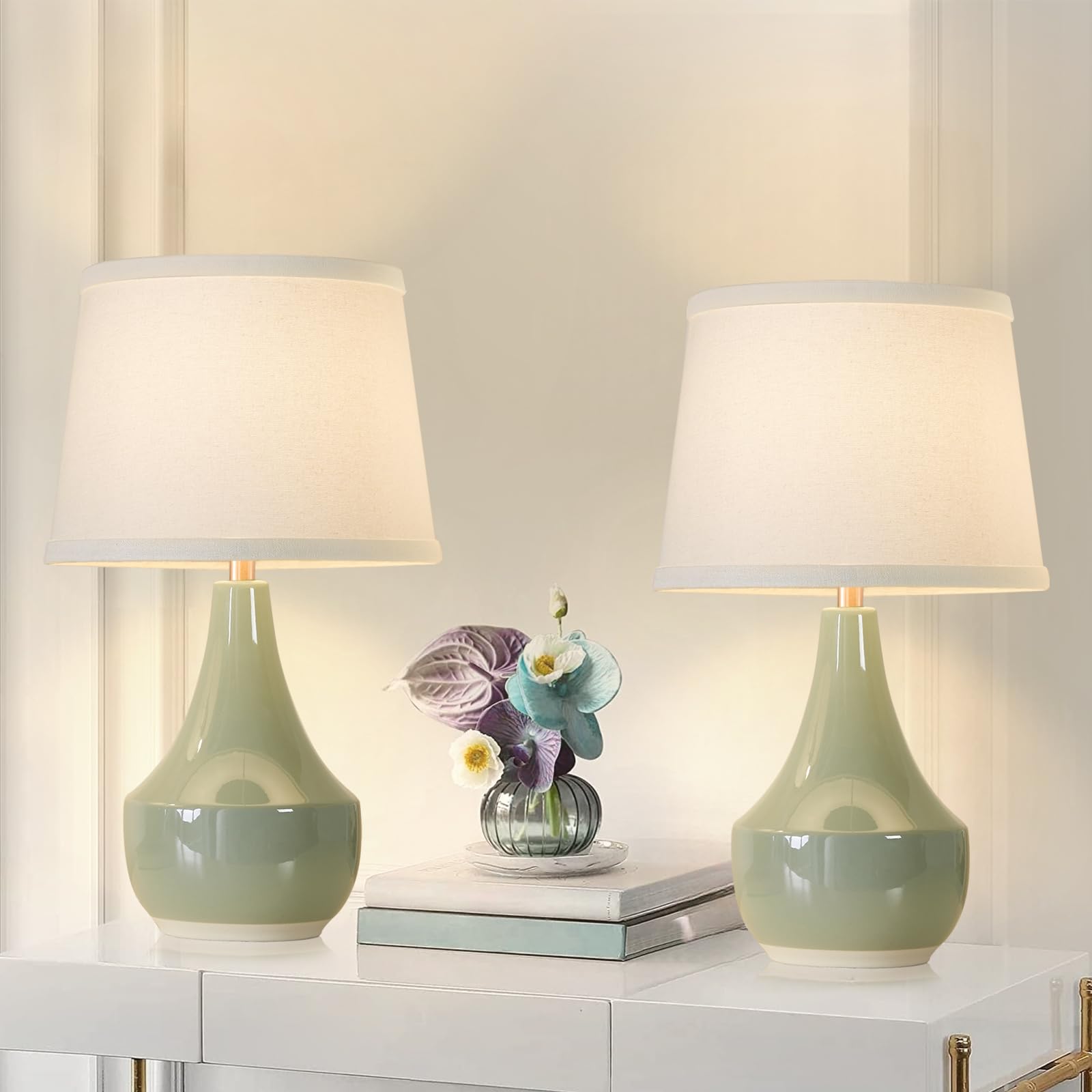 GyroVu Table Lamp Set of 2, 18.63'' Ceramic Classic Beside Lamps for Living Room, Bedroom & Office - Rocker Switch - Sage Green 