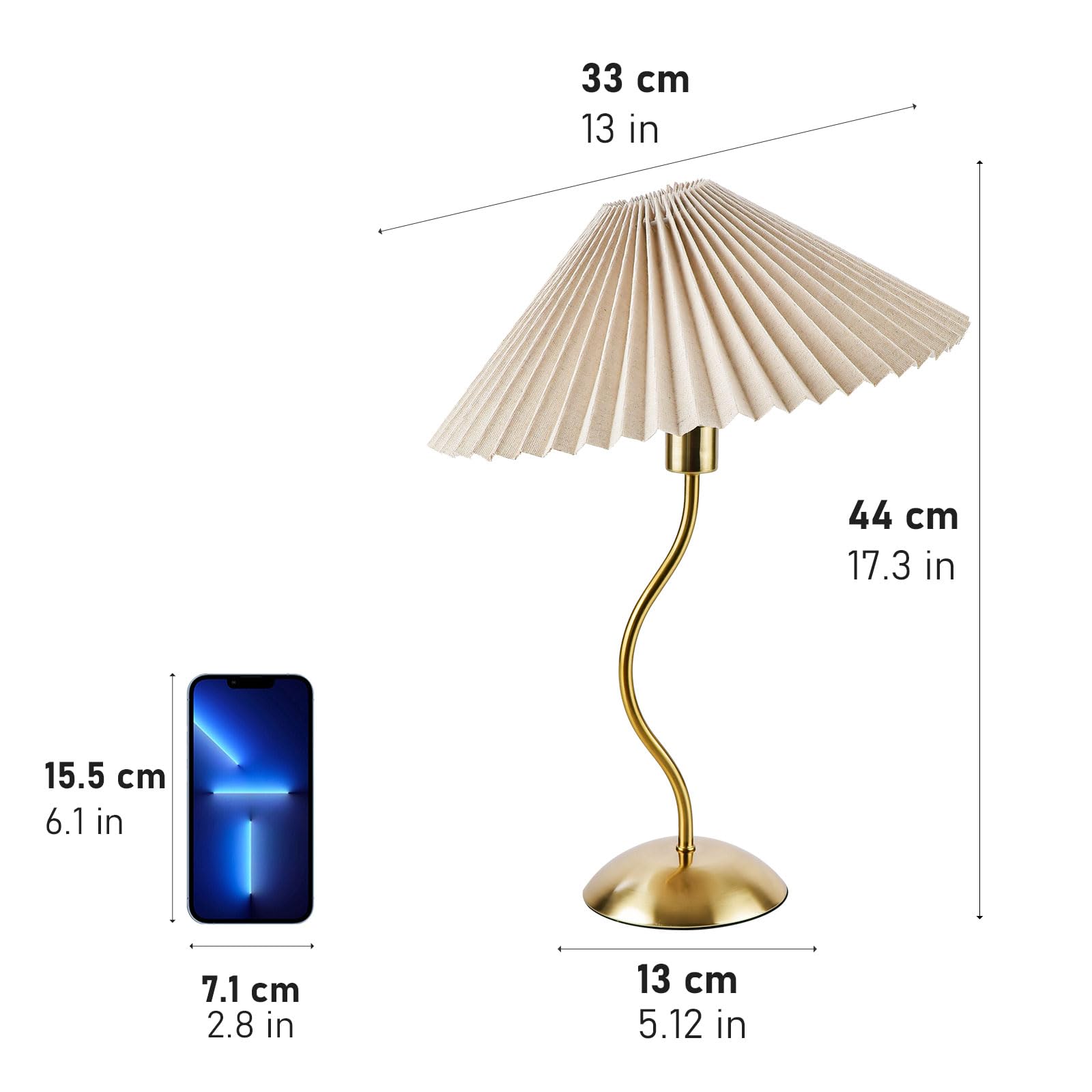 KUNJOULAM Small Pleated Table Lamp, Beige Lampshade, Copper Metal, E12 Bulb, Model TL056, Ideal for Bedroom & Home Office Decor