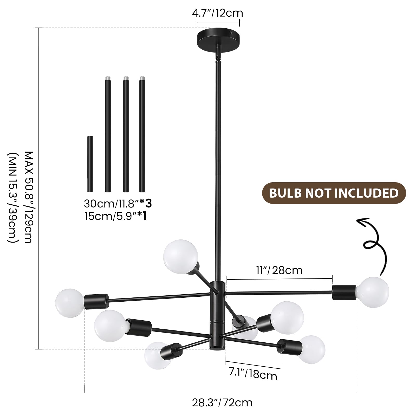 Kaisite Modern Chandelier Sputnik Ceiling Light Fixture Black Chandelier For Bedroom Living Room 8-Light Height Adjustable Dinin