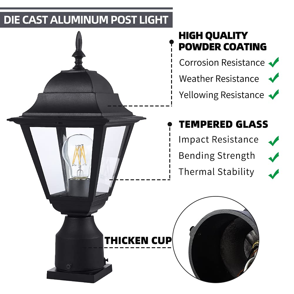 Windben Outdoor Post Light Fixture, Matte Black Aluminum Lantern, 7.4in, Model WB8006 for Gardens, Yards, Balconies, and Entrances