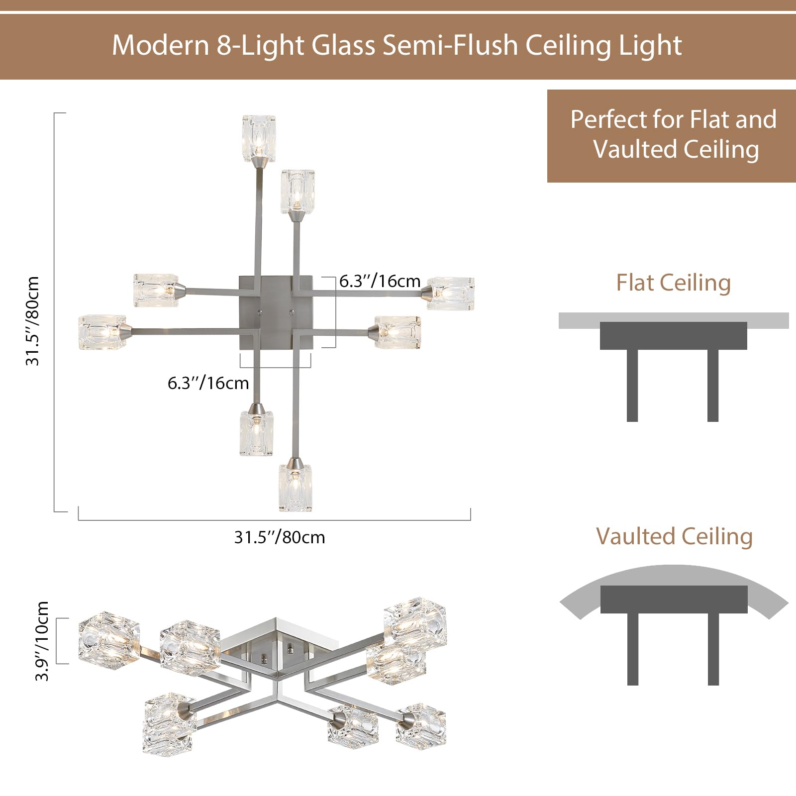 Peskoe Modern Semi Flush Mount Ceiling Light Sputnik Chandeliers, 31.5'' Industrial Ceiling Light Fixture For Dining Room, Livin
