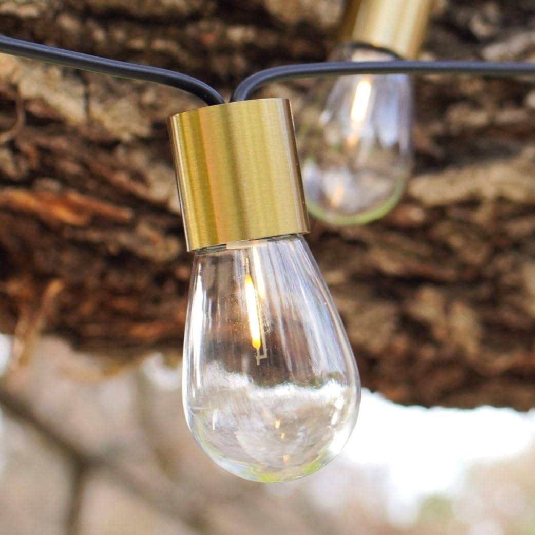 Brightech Glow Solar LED String Lights - Commercial Grade Waterproof Patio Lights with Beautiful Brass Accents - Shatterproof LE