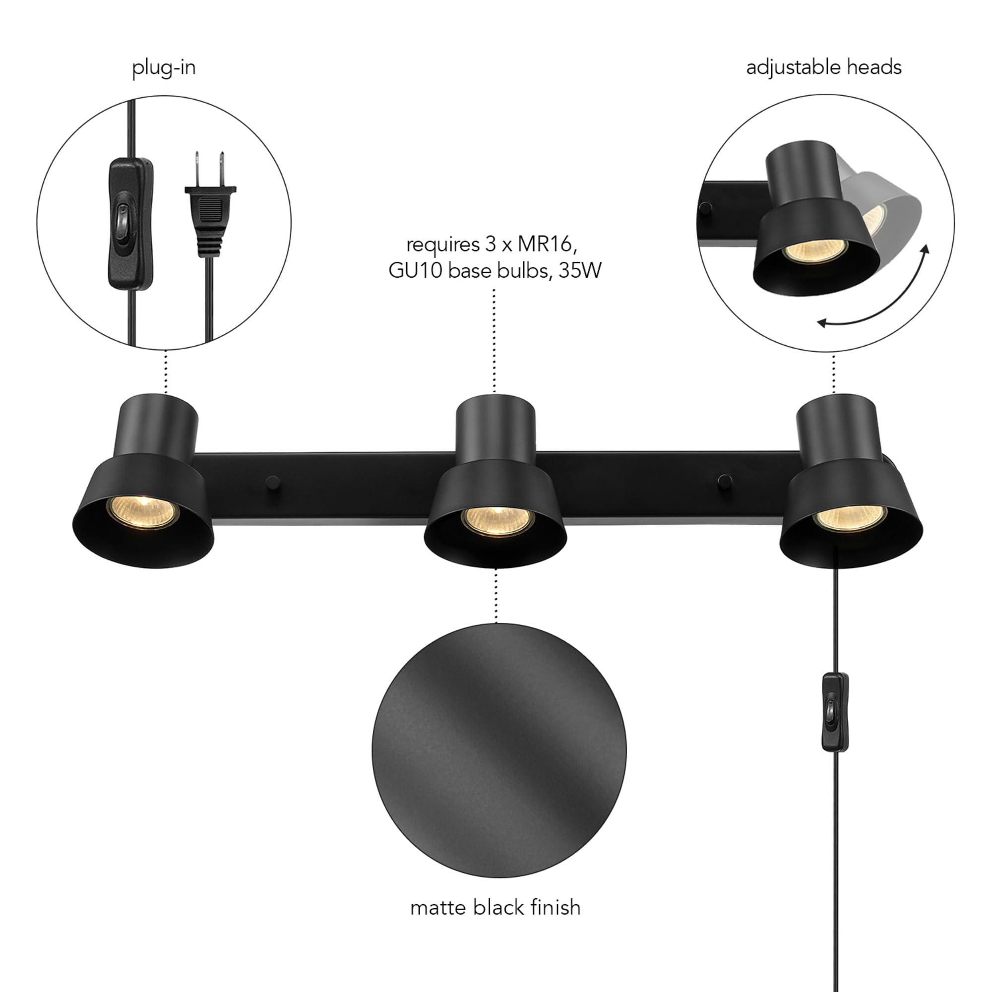 Globe Electric 64000115 22'' 3-Light Plug-In Track Lighting, Matte Black, Pivoting Track Heads, 15-Foot Black Cord, In-Line On/O