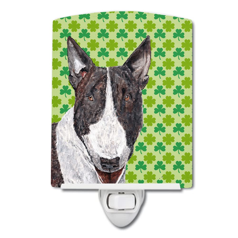 Caroline'S Treasures Sc9575Cnl Bull Terrier Lucky Shamrock St. Patrick'S Day Ceramic Night Light Compact, Ul-Certified, Ideal For Bedroom, Bathroom, Nursery, Hallway, Kitchen, 6X4X3, Multicolor