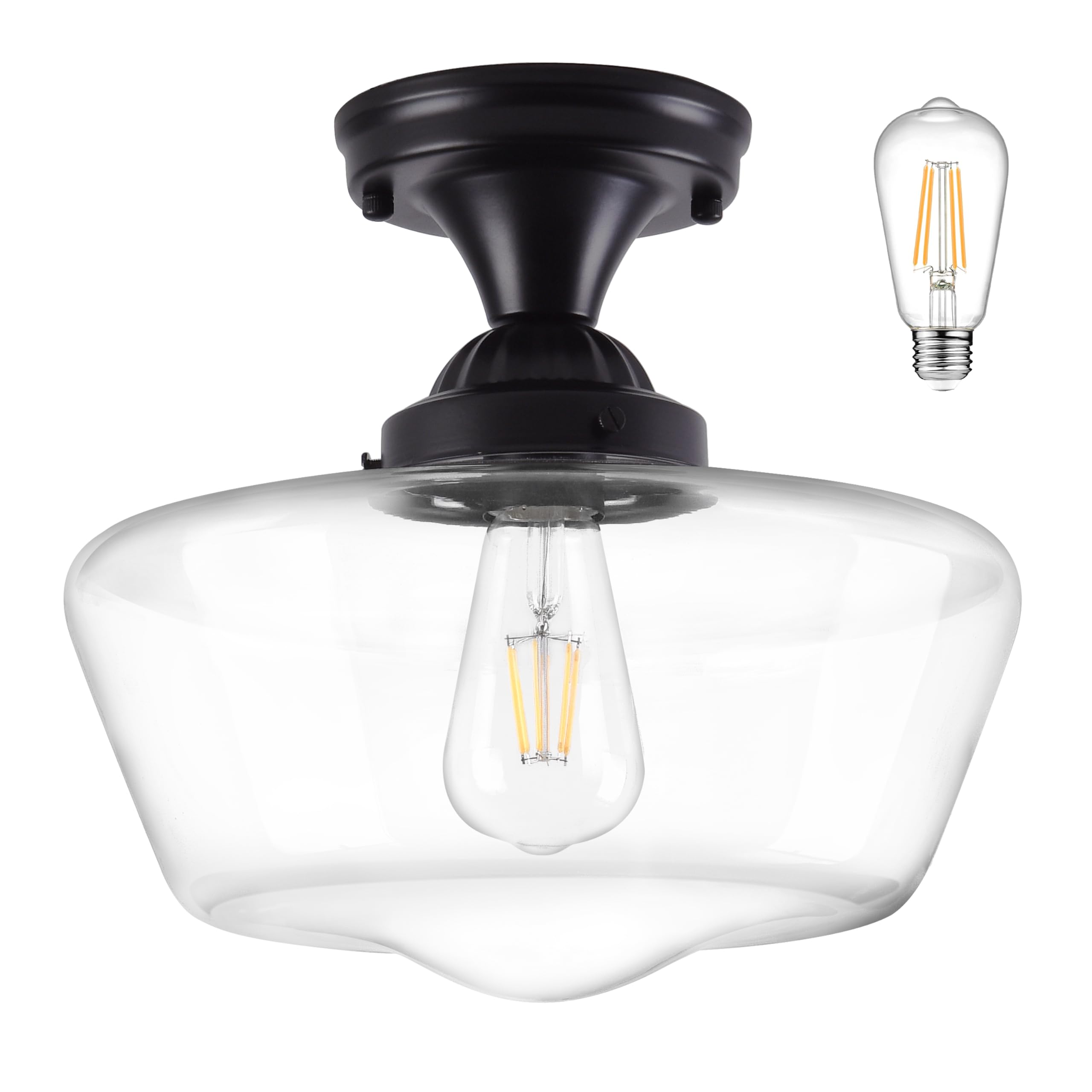 Ayshwilldec Black Schoolhouse Light Fixture 12'' Mid Century Light Fixture Schoolhouse Light Fixtures Ceiling Clear Glass Semi F