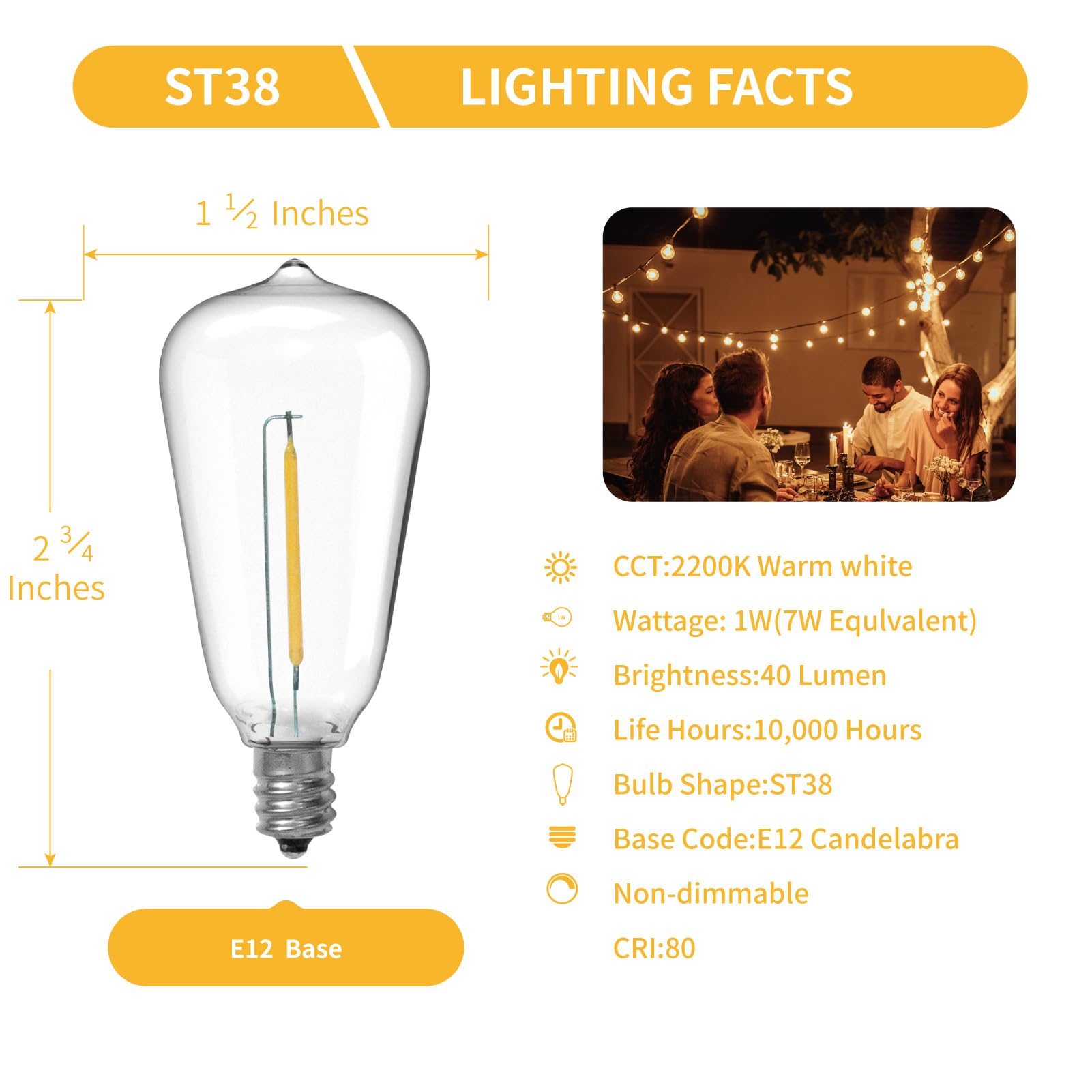 Visterlite St38 Led String Light Bulbs, 1.5 Inches Shatterproof Led Replacement Bulbs For Outdoor String Lights, 1Watt Equvanlen