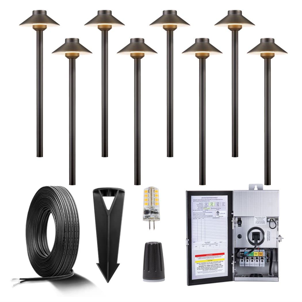 Gardenreet Brass Low Voltage Pathway Lights Kit(8 Pack) 12V LED with 150W Low Voltage Transformer and Mechanical Timer and 100 F