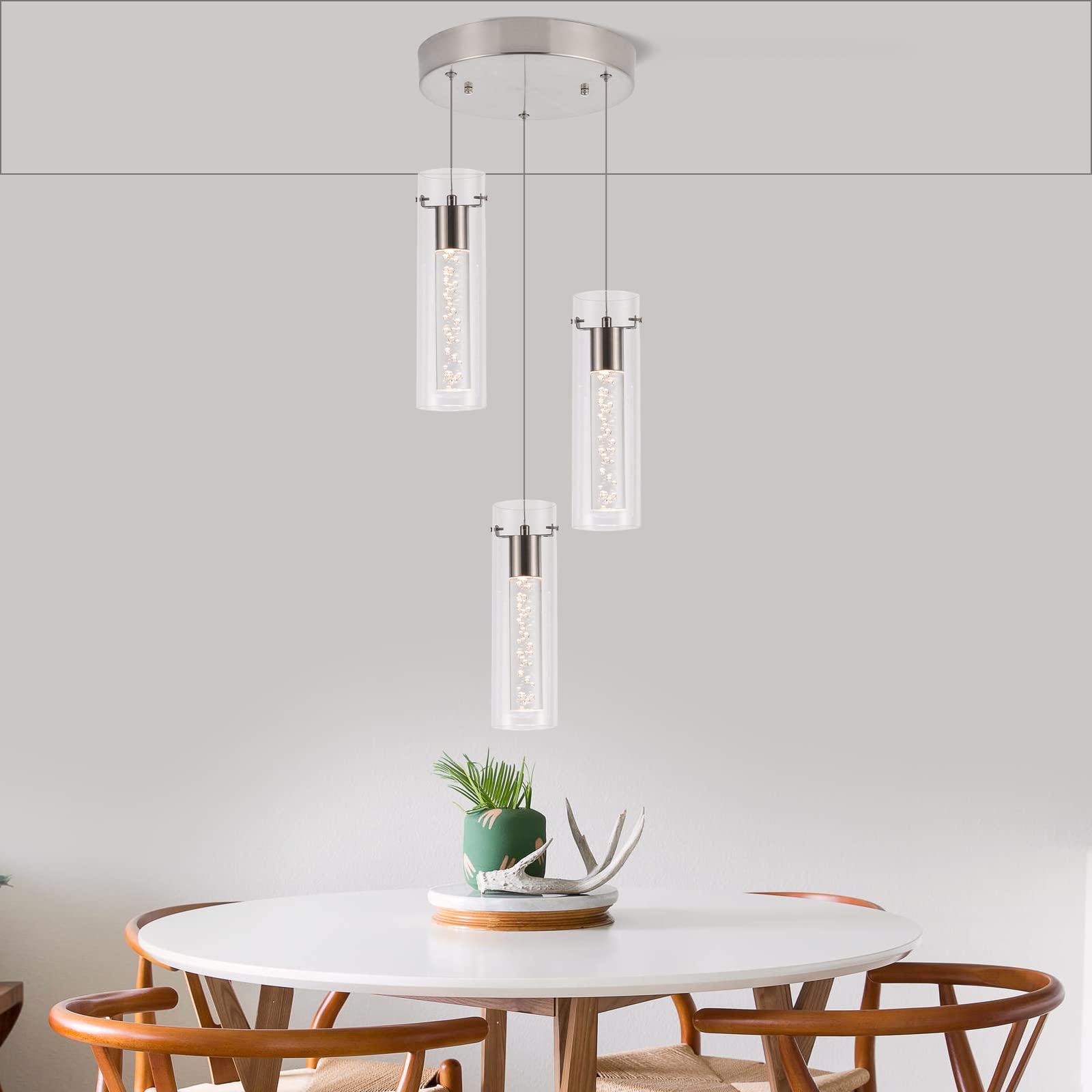 Bestwest Pendant Light, 3-Light Dimmable with Remote Control, Brushed Nickel & Clear Glass, Model BW-01-3-BN24W