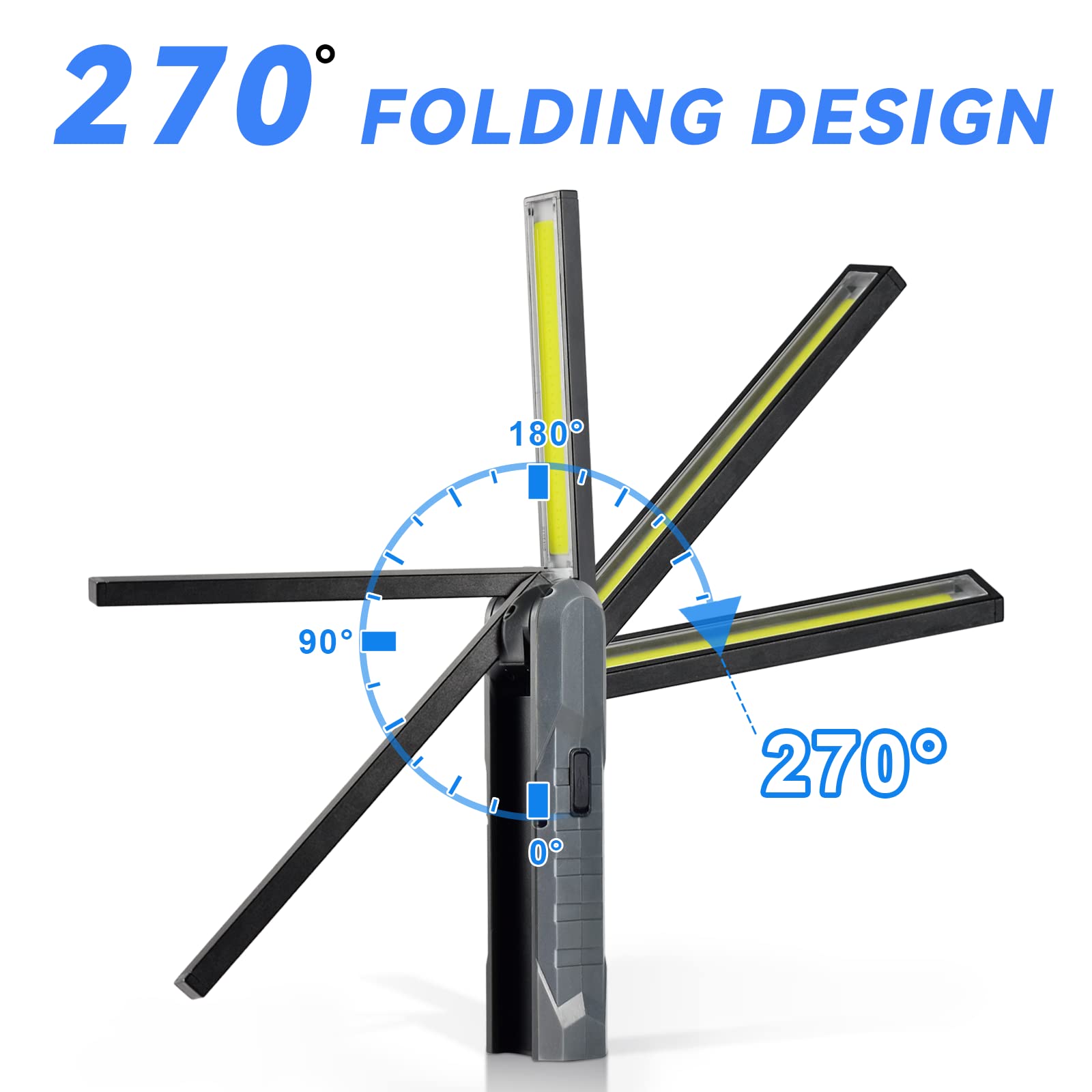 Durapower Rechargeable Led Mechanic Work Light 800 Lumens Foldable Magnetic Flashlight Automotive Work Light, Hook, 270º Rotate, Power Indicator For Mechanic, Repair