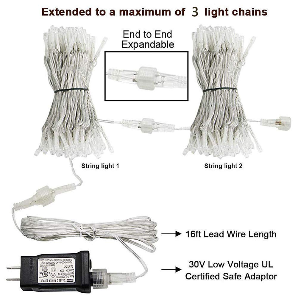 HEYFUNi Curtain Lights,304L 9.8ftX9.8ft 30V 8Modes Safety Window Lights with Memory for Home Wedding Christmas Party Patio Lawn