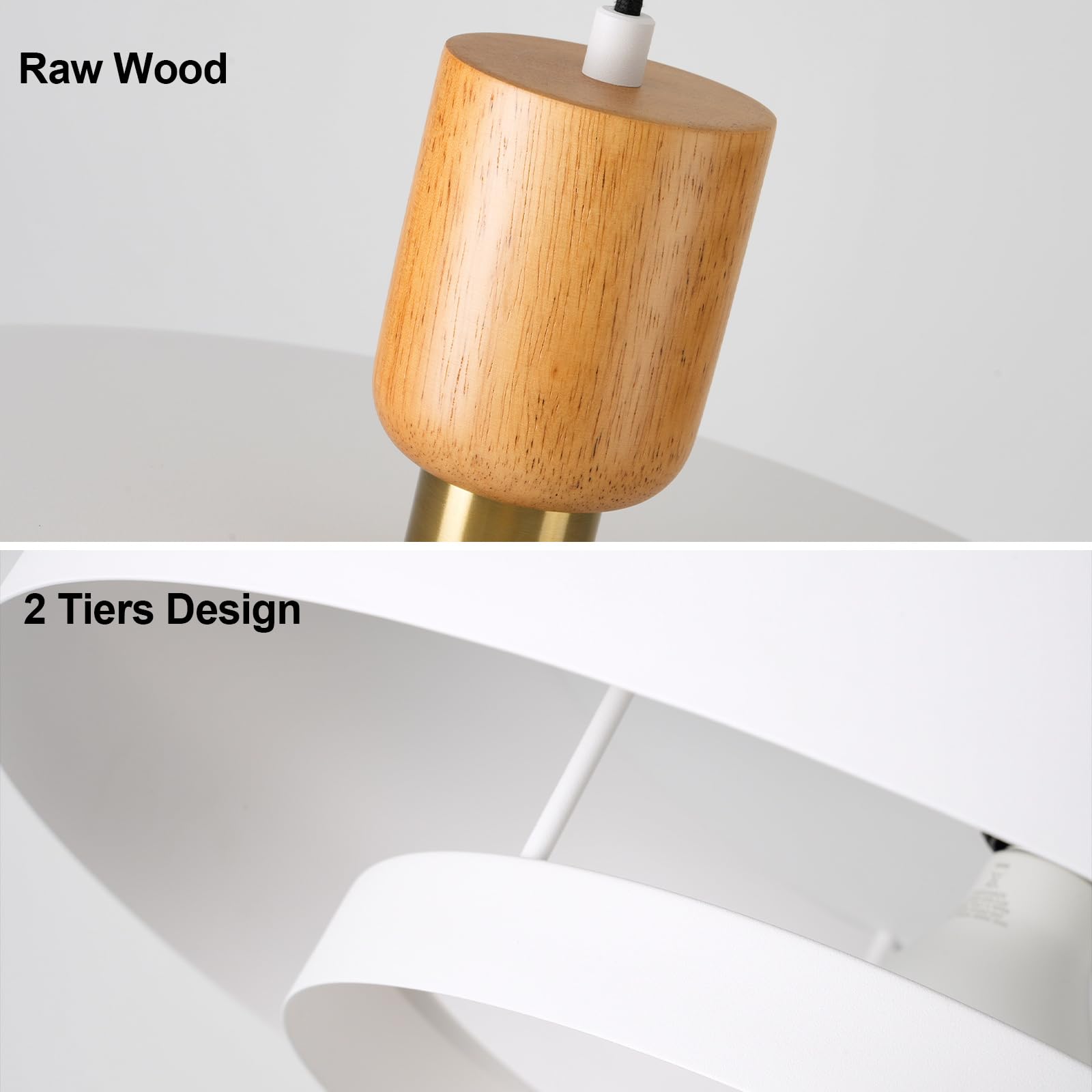 Modern Large Pendant Light 19.68 Inch, 2 Tiers Matte White Shade, Natural Wood And Brass Accent, Mid Century Chandelier For Kitc