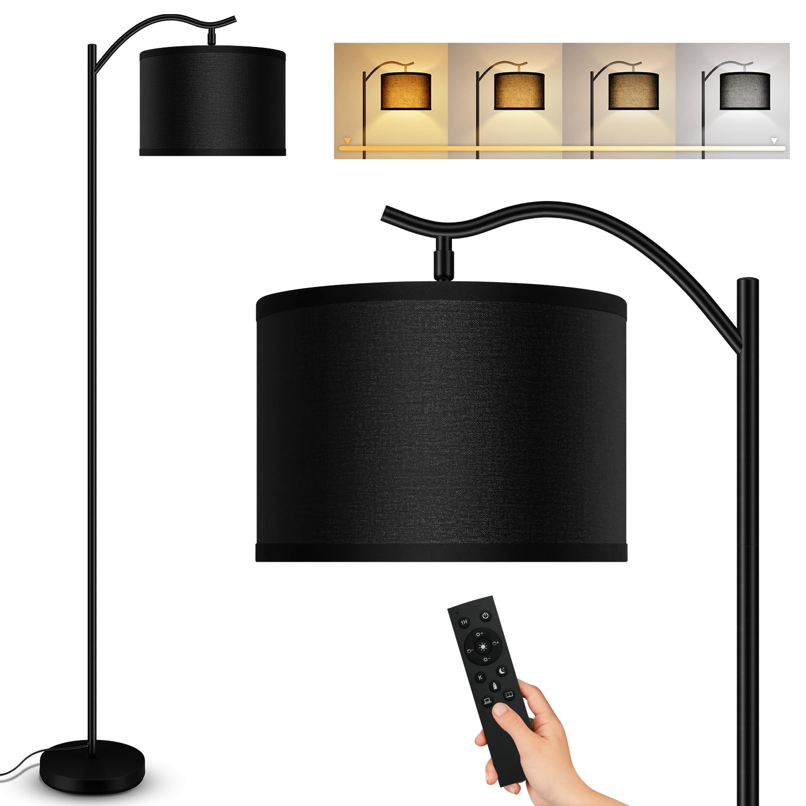 BoostArea Arc Floor Lamp with Remote Control, Dimmable 2700K-6500K, Black, Model B1368, Modern Standing Lamp for Living Room, Bedroom, Office