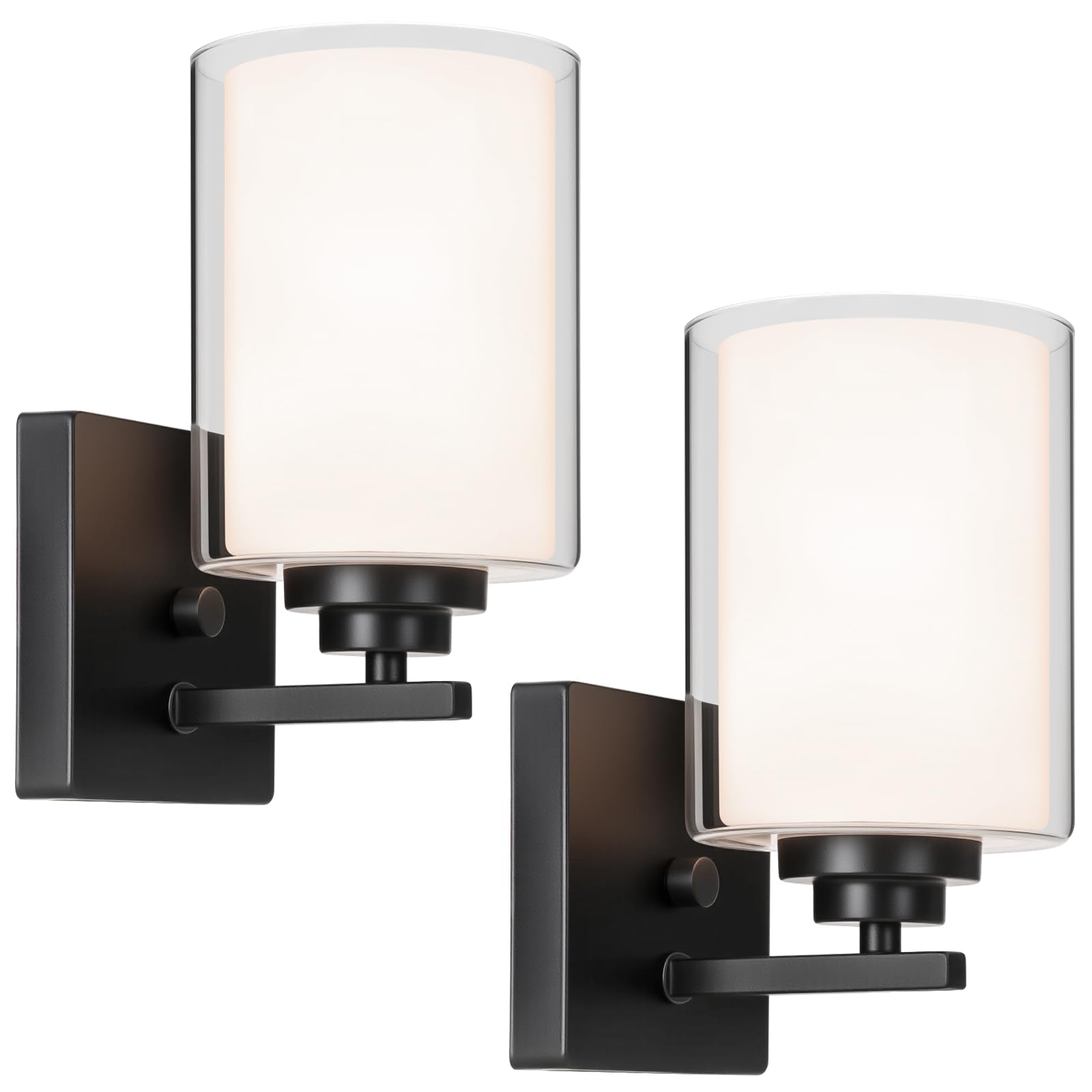 VerRon Set of 2 Wall Sconces, Modern Matte Black Lighting Lanterns, 2-Light, Glass Shade for Bathroom, Bedroom, Hallway