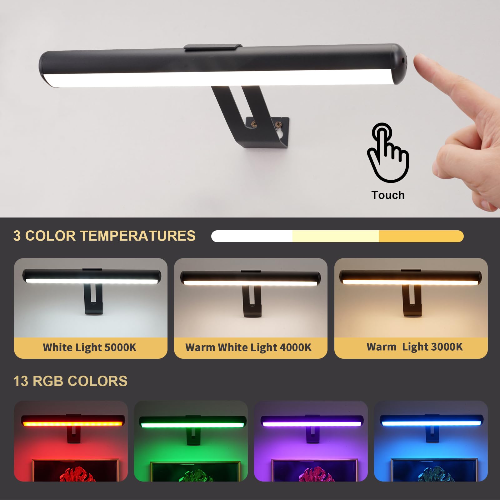 ZOCALOK Wireless Picture Light - 48 LED, 16 Color Options, Remote Control, Metal, 12-Inch, Black