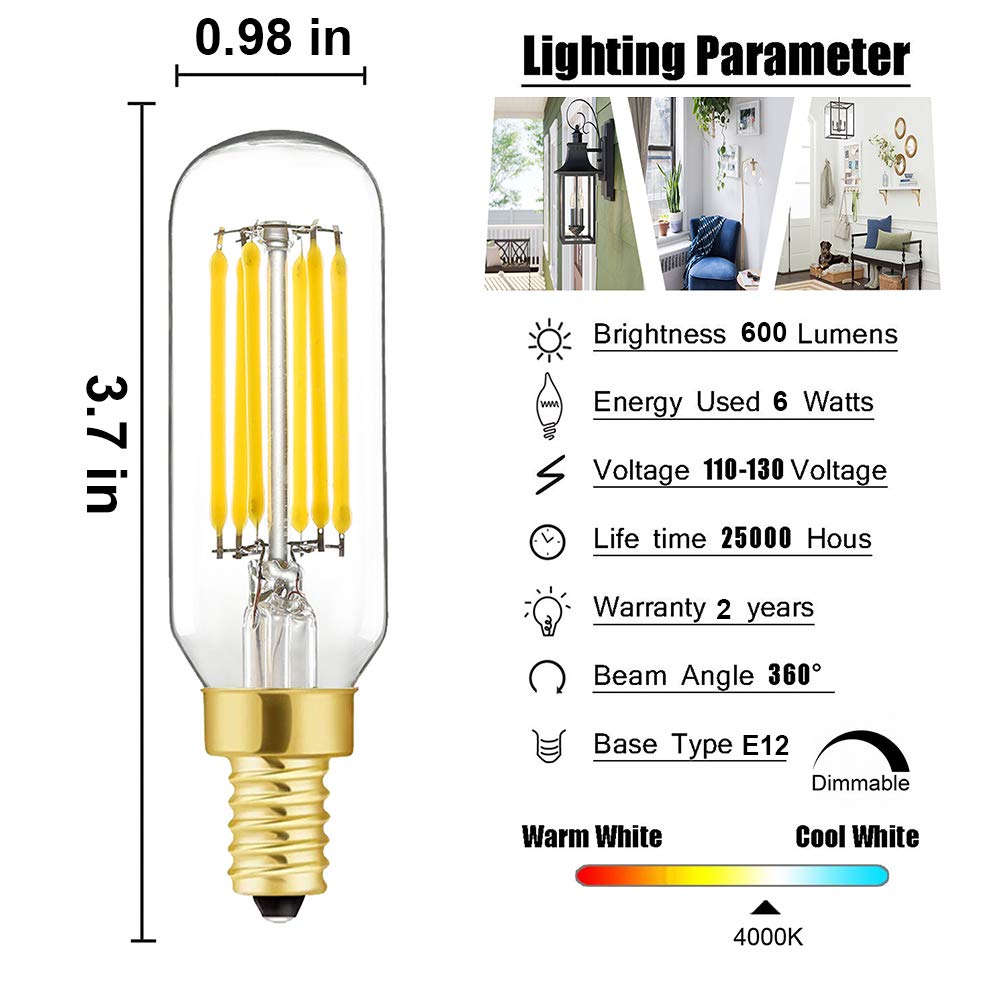 XININSUN T6 LED Bulb 6W Dimmable 4000K Daylight White T25 E12 Candelabra 6-Pack