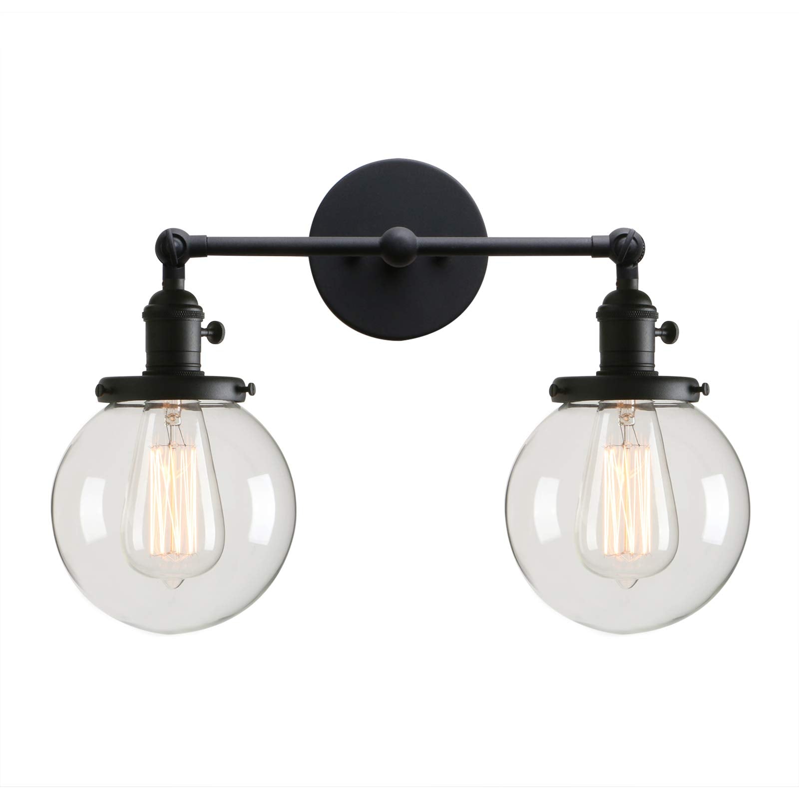 Permo Double Sconce Vintage Industrial Antique 2 Lights Wall Sconces With Dual 5.9 Round Clear Glass Globe Shade (Black)