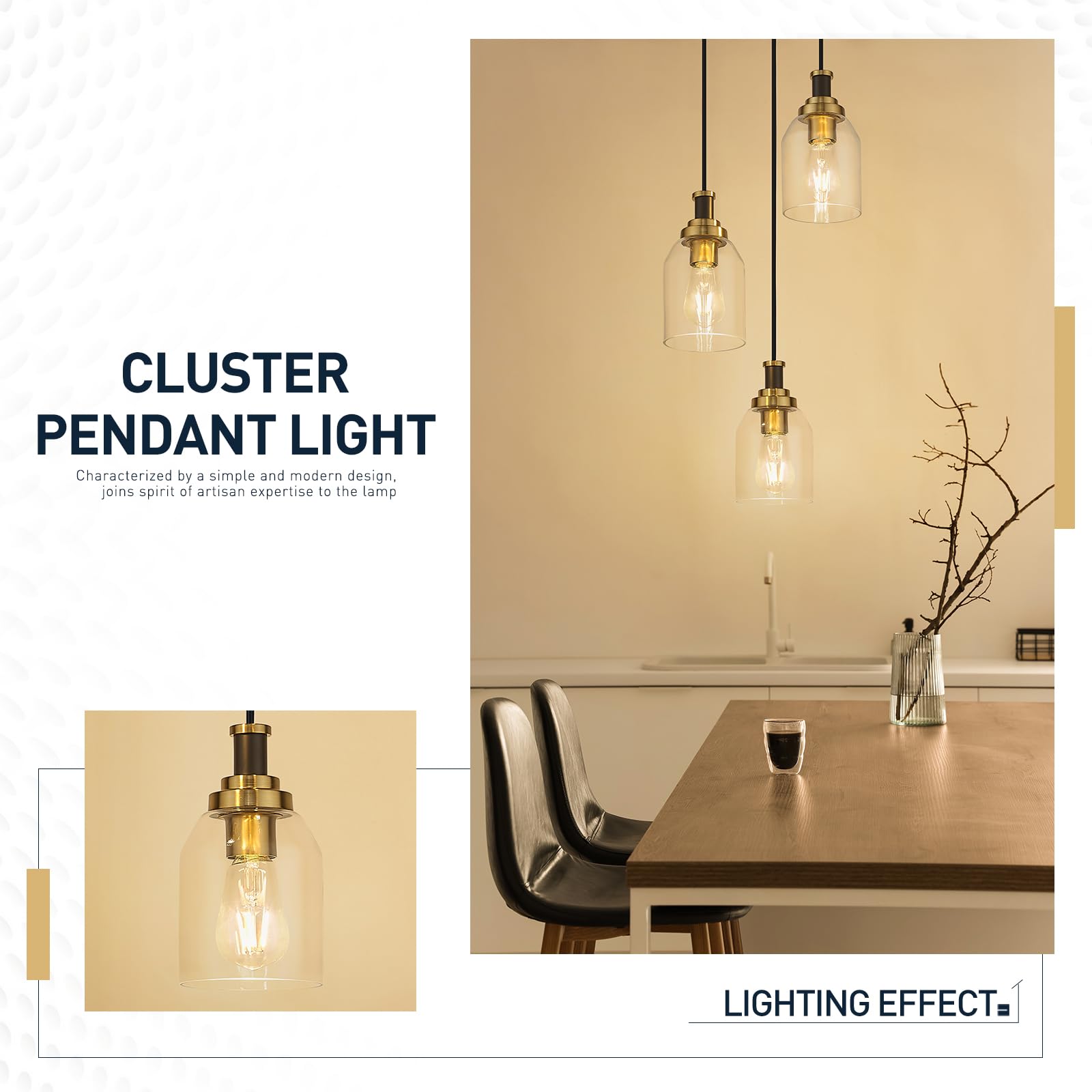 Zeyu 3-Light Pendant Light Fixture, Modern Cluster Pendant Lighting, Hanging Light Fixture For Kitchen Island, Clear Glass Shade