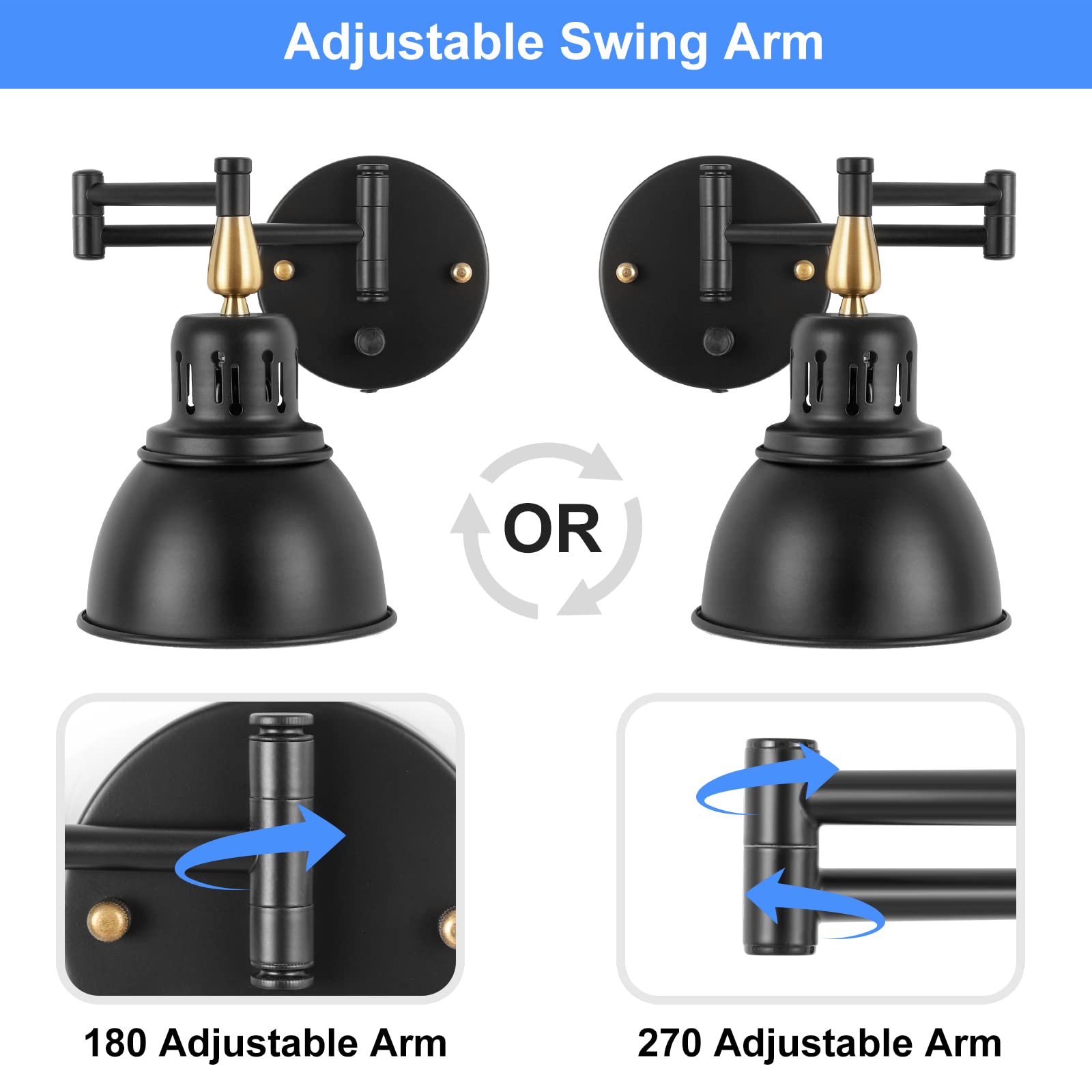 TRLIFE Dimmable Swing Arm Wall Light Sconce, Metal, UL Listed, E26 Base, Black, 1 Pack, Model Arm-Sconce-02