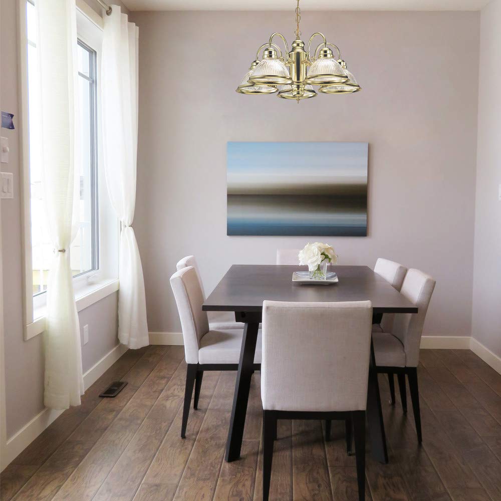 Design House 500546 Millbridge Traditional Indoor Dimmable Chandelier With Clear Ribbed Glass Shades For Entryway Foyer Dining Room, Polished Brass, 5-Light