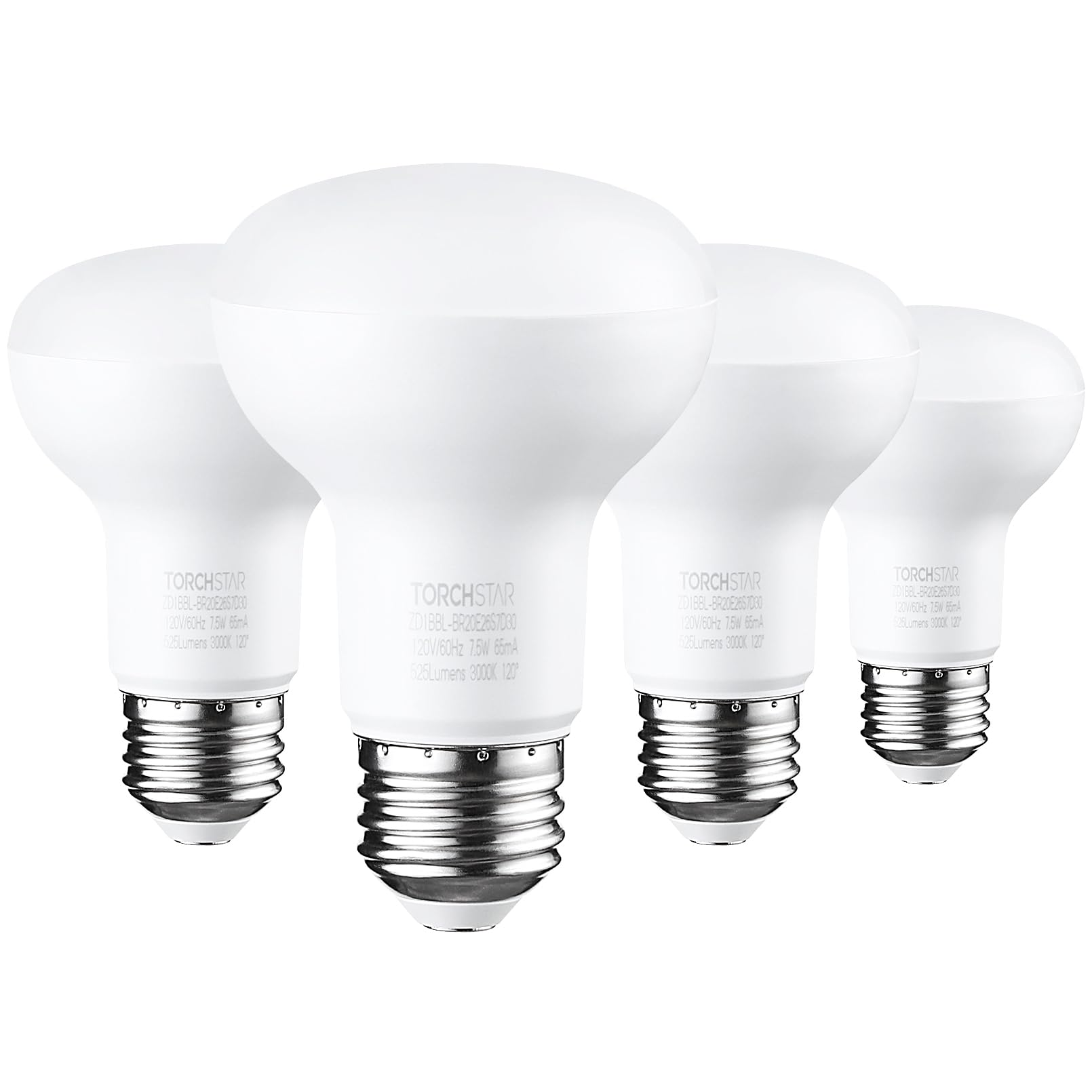 TORCHSTAR BR20 LED Bulbs, Dimmable 7.5W, Warm White 3000K, E26 Medium Base, 4 Count, UL & Energy Star Certified
