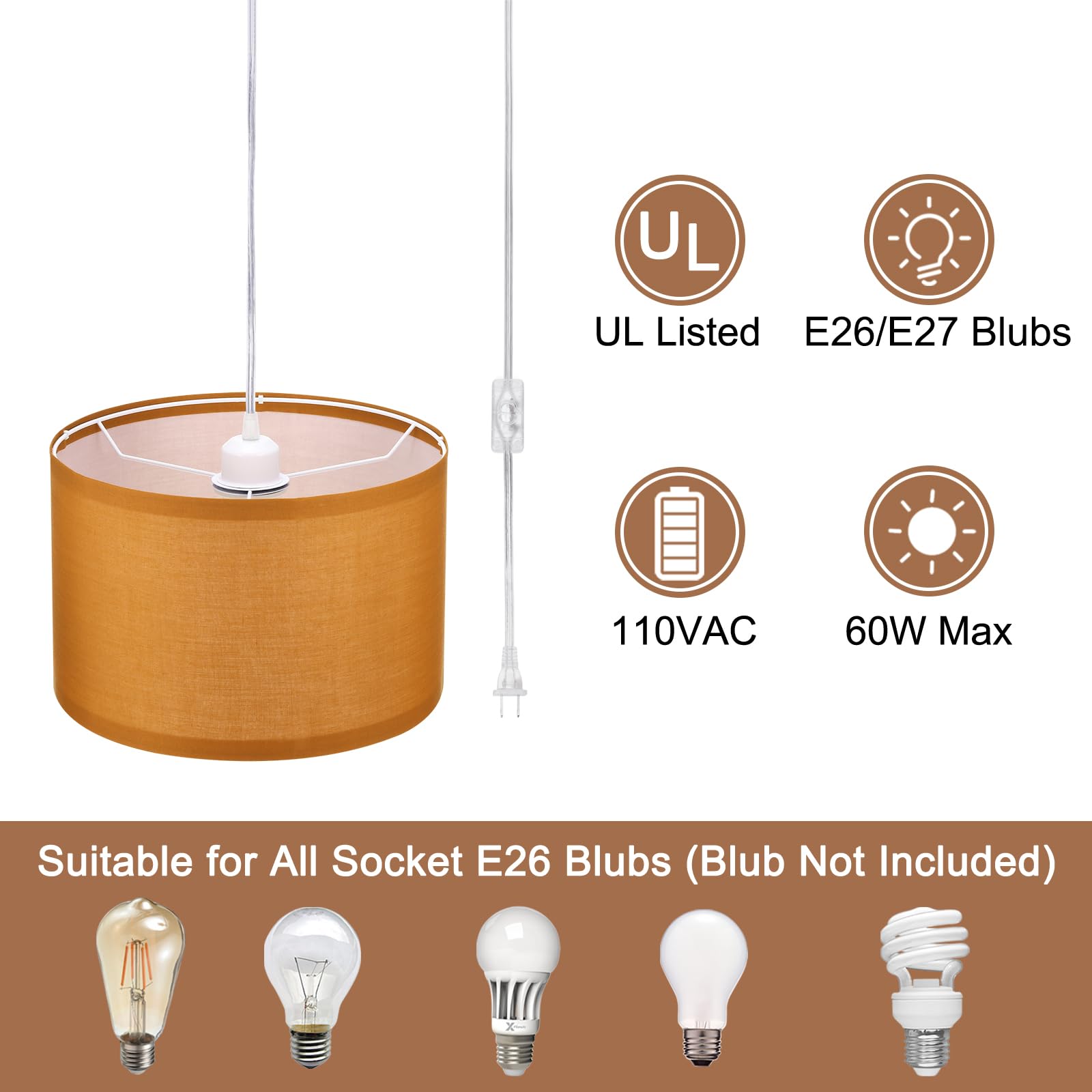 Patikil Plug In Pendant Light, 15Ft Rope Cord Hanging Lamp Fixture Dark Orange