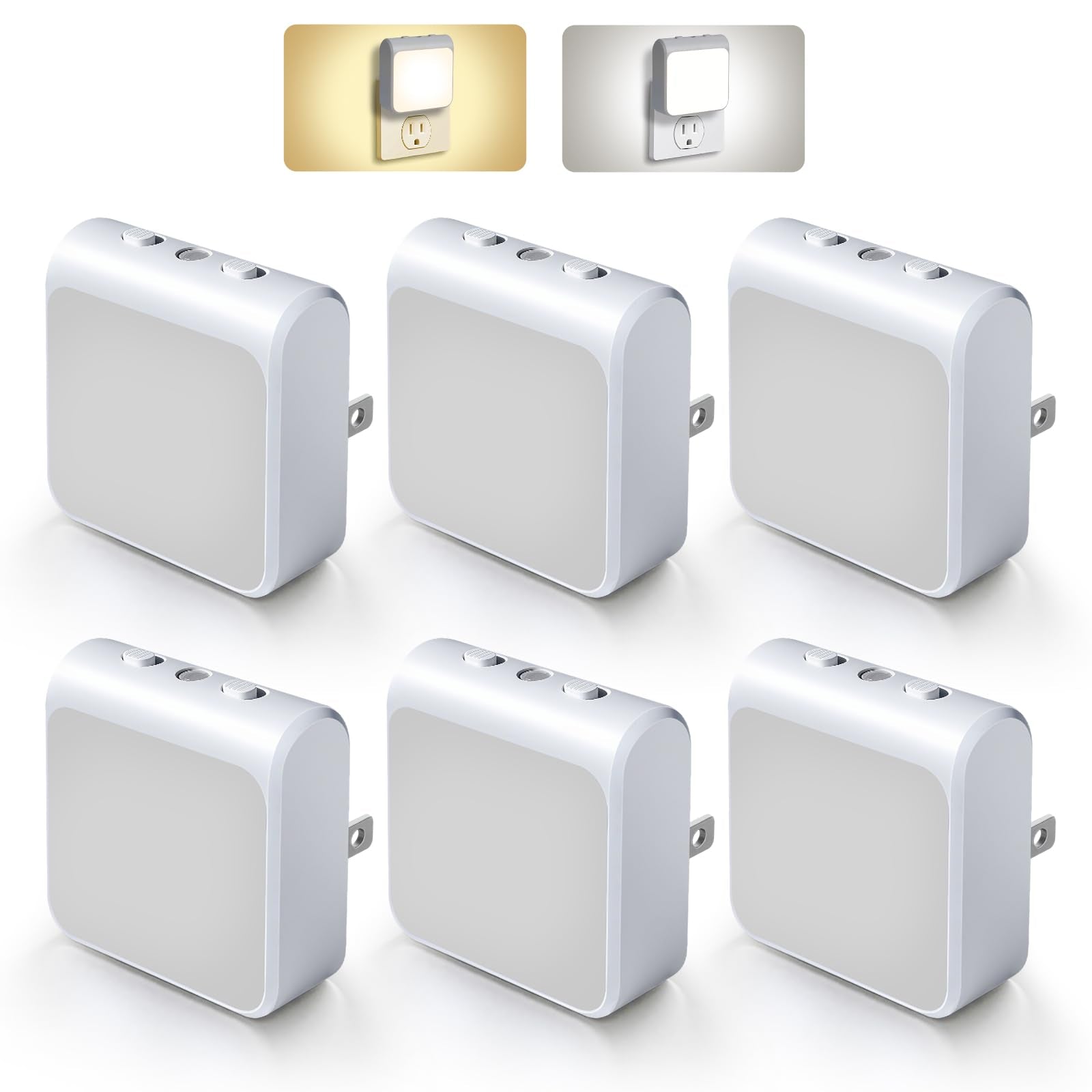 6-Pack Dimmable LED Night Lights Plug into Wall with Dusk to Dawn Sensor, 2 Color in 1 Plug in Night Light 30-60lm Brightness Ad