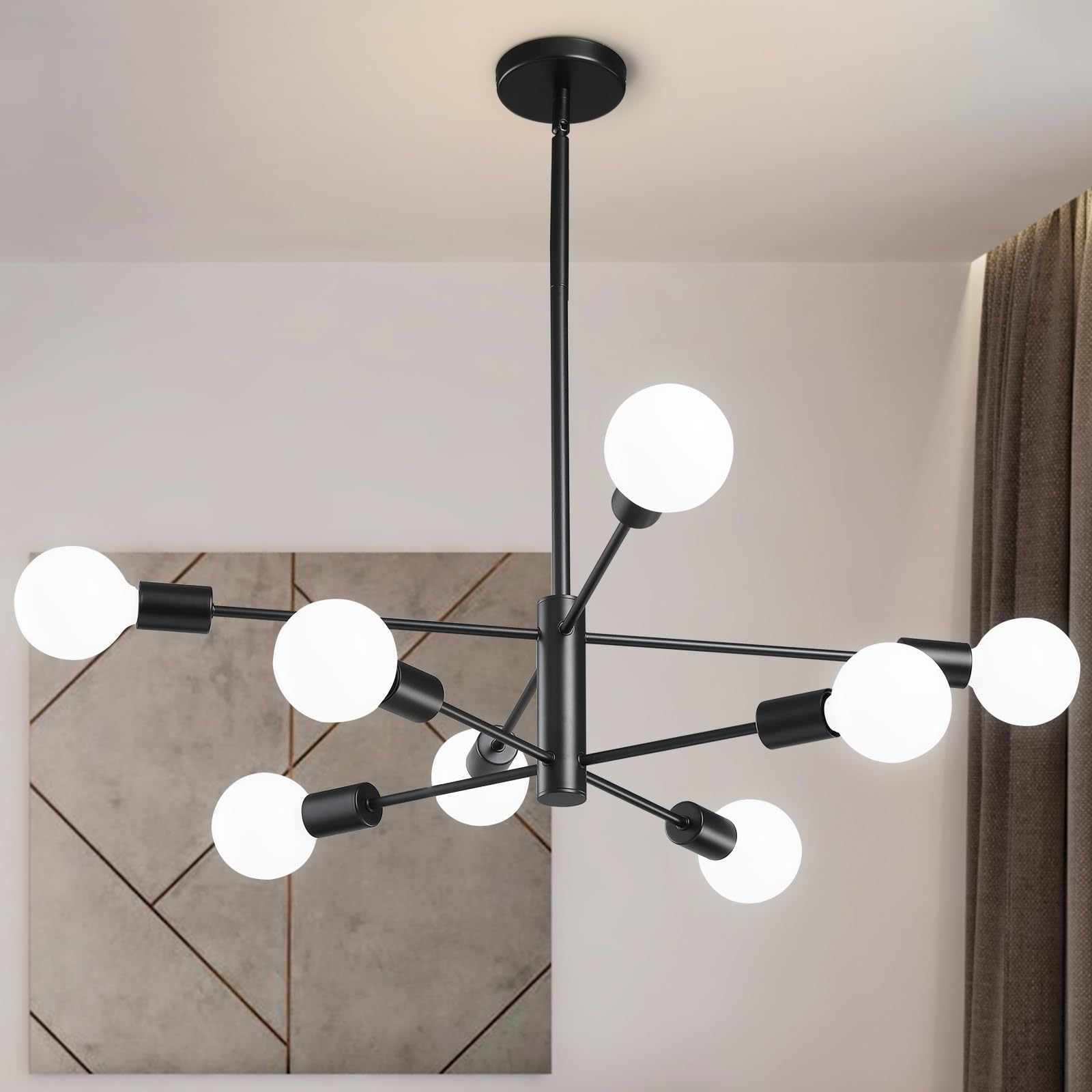 Ruiyey Modern Sputnik Chandeliers Light, 8-Light Black Chandeliers For Dining Room, Height Adjustable Ceiling Lights Farmhouse C