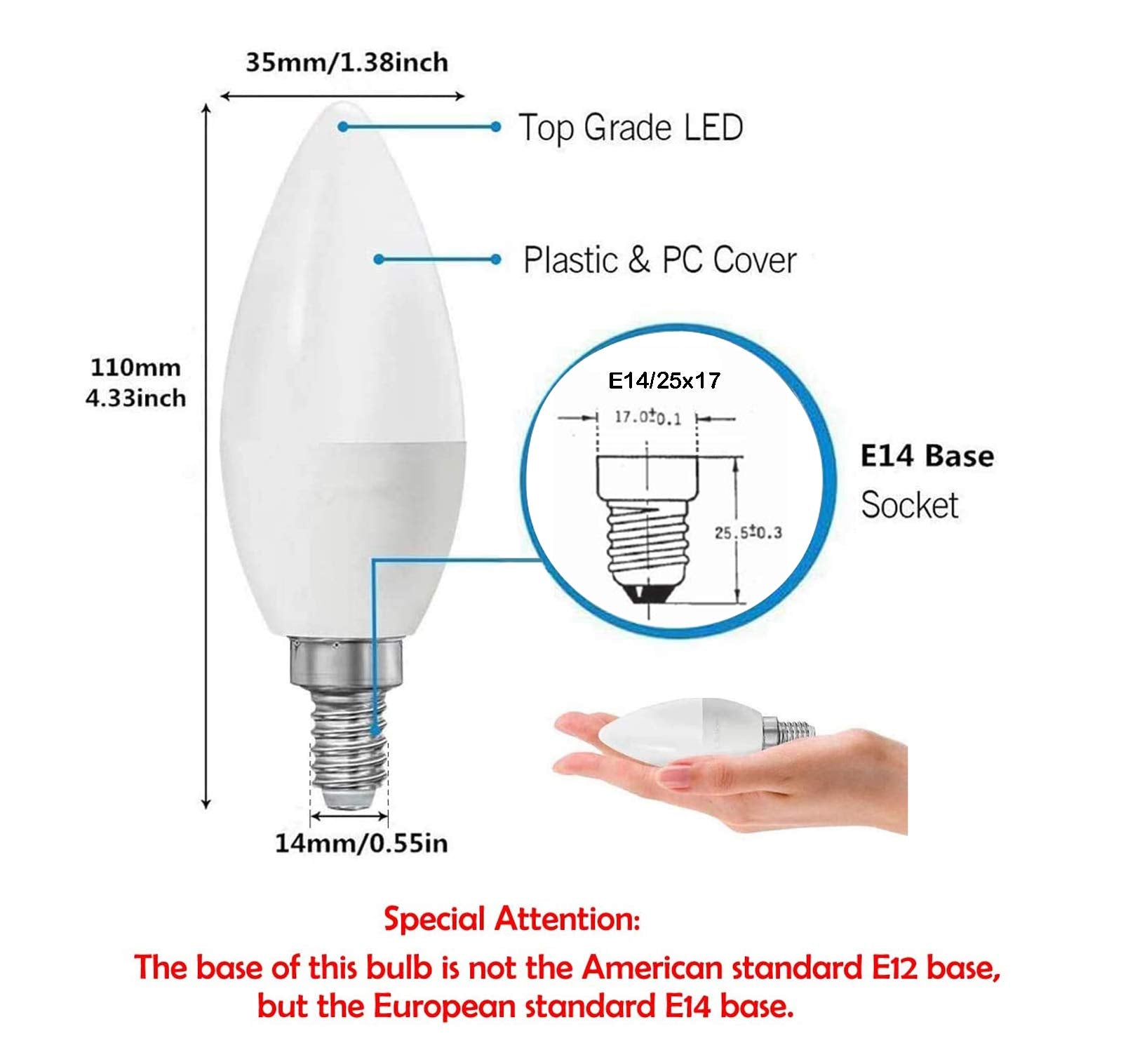 CTKcom LED Candelabra Bulbs, 5W E14, Daylight White 6000K, 550LM, 4 Pack, UL-Listed, Metal, White