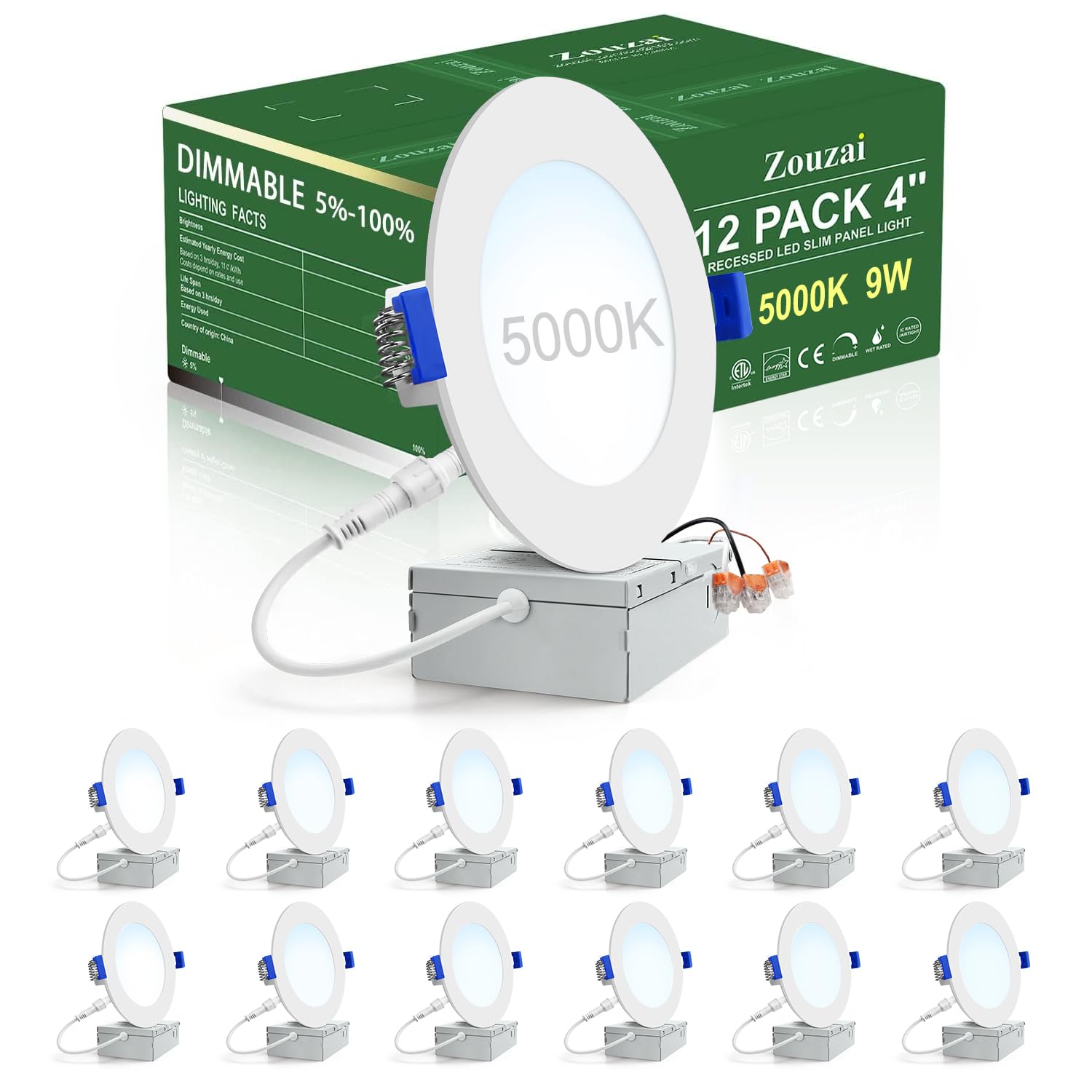 zouzai 12 Pack 4 Inch Ultra-Thin LED Recessed Ceiling Light with Junction Box, 5000K Daylight, 9W Eqv 80W, Dimmable Canless Wafe