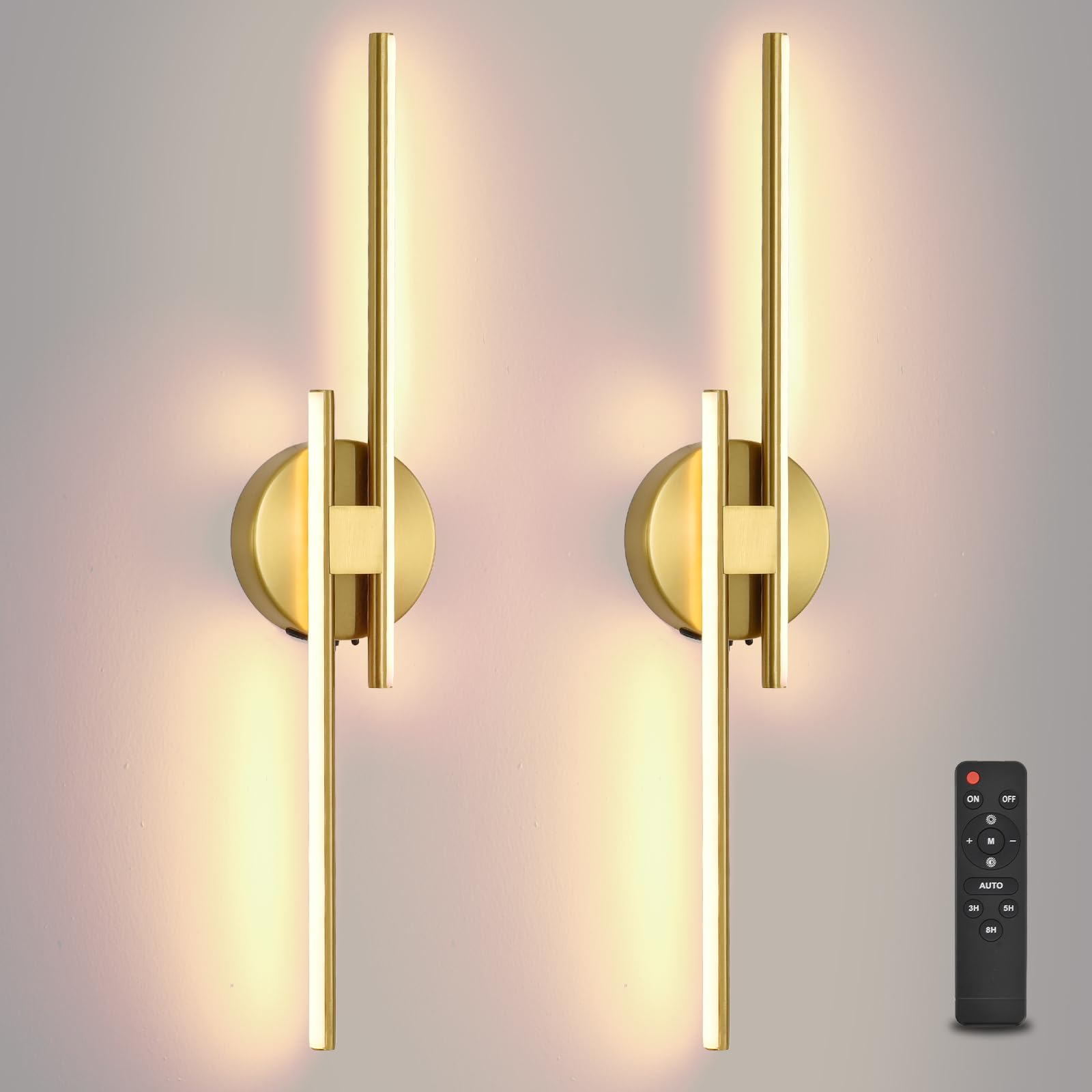 Battery Operated Wall Sconce Set of 2 Gold 23.6 3000K-6500K LED Dimmable Wall Sconces with Remote Control Wireless Wall Light USB Rechargeable for Bedroom Hallway Living Room Background Wall Lighting