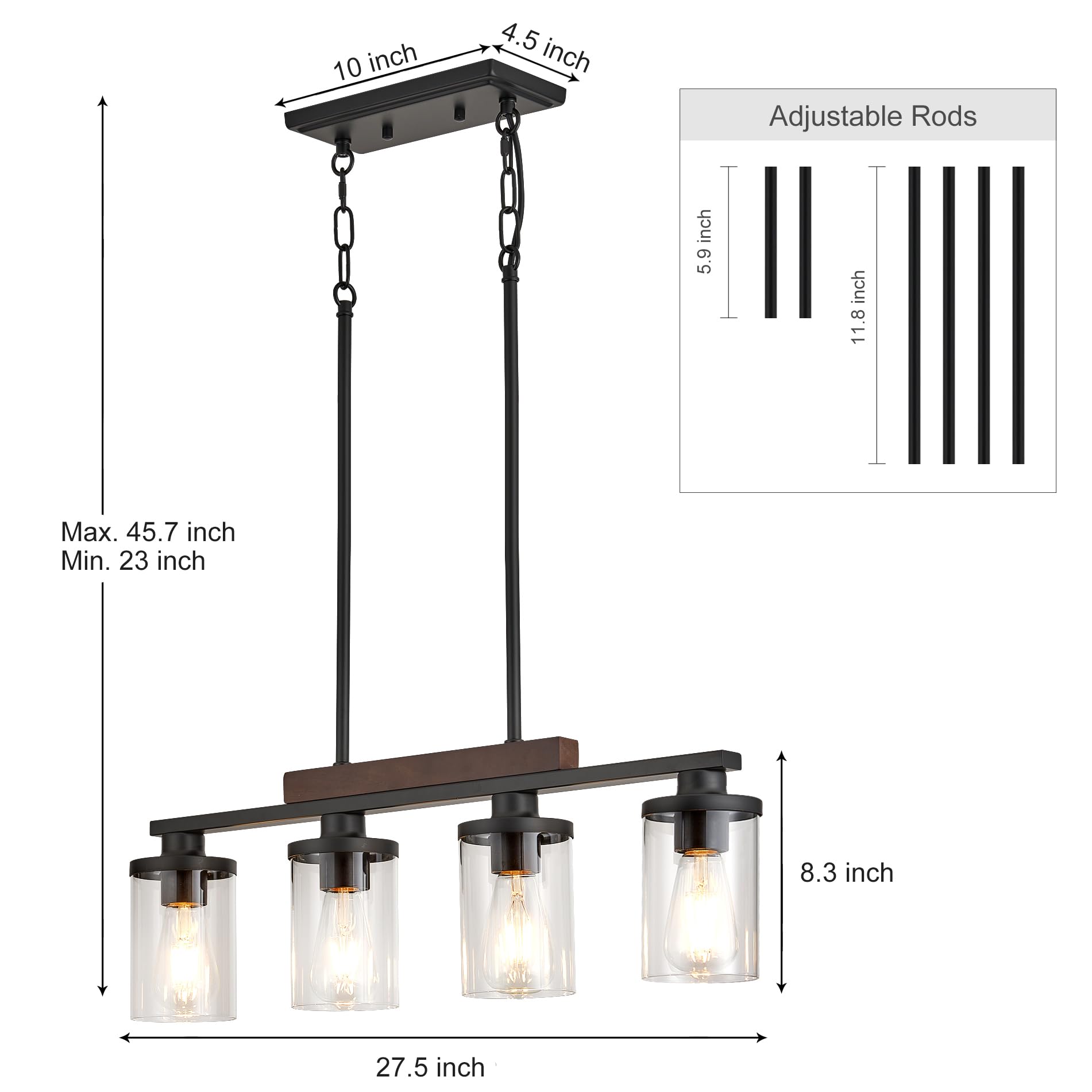 TWIG Wood Kitchen Island Lighting - 4-Light Matte Black Modern Chandelier for Dining Room, Bar, Restaurant, Glass Shade, Model 2024072302
