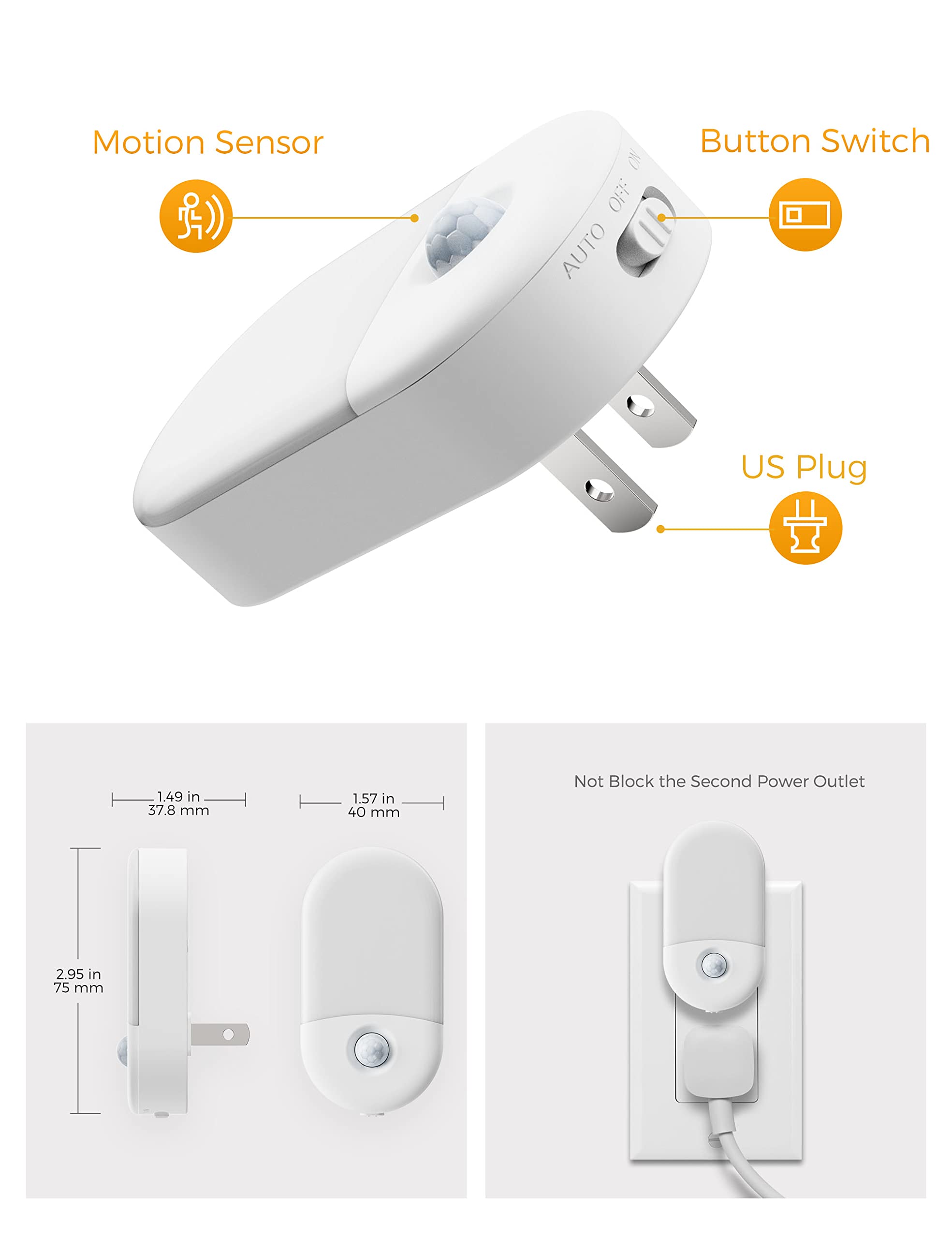 Amber Night Light, 2 Pack, Lohas Amber Night Lights Plug Into Wall Motion Sensor, 0.6W 2000K, Led Night Light, 30/60Lm Adjustable Brightness, Automatic Low Blue Night Light For Kids, Bathroom, Hallway