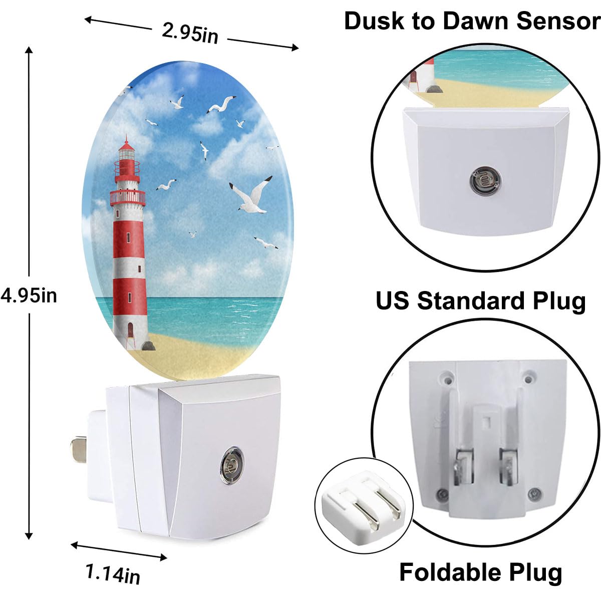 Uanvaha Lighthouse Seabirds Night Lights Plug Into Wall Ocean Beach Seagull Blue Sunny Sky Clouds Led Dusk To Dawn Night Lamp Au
