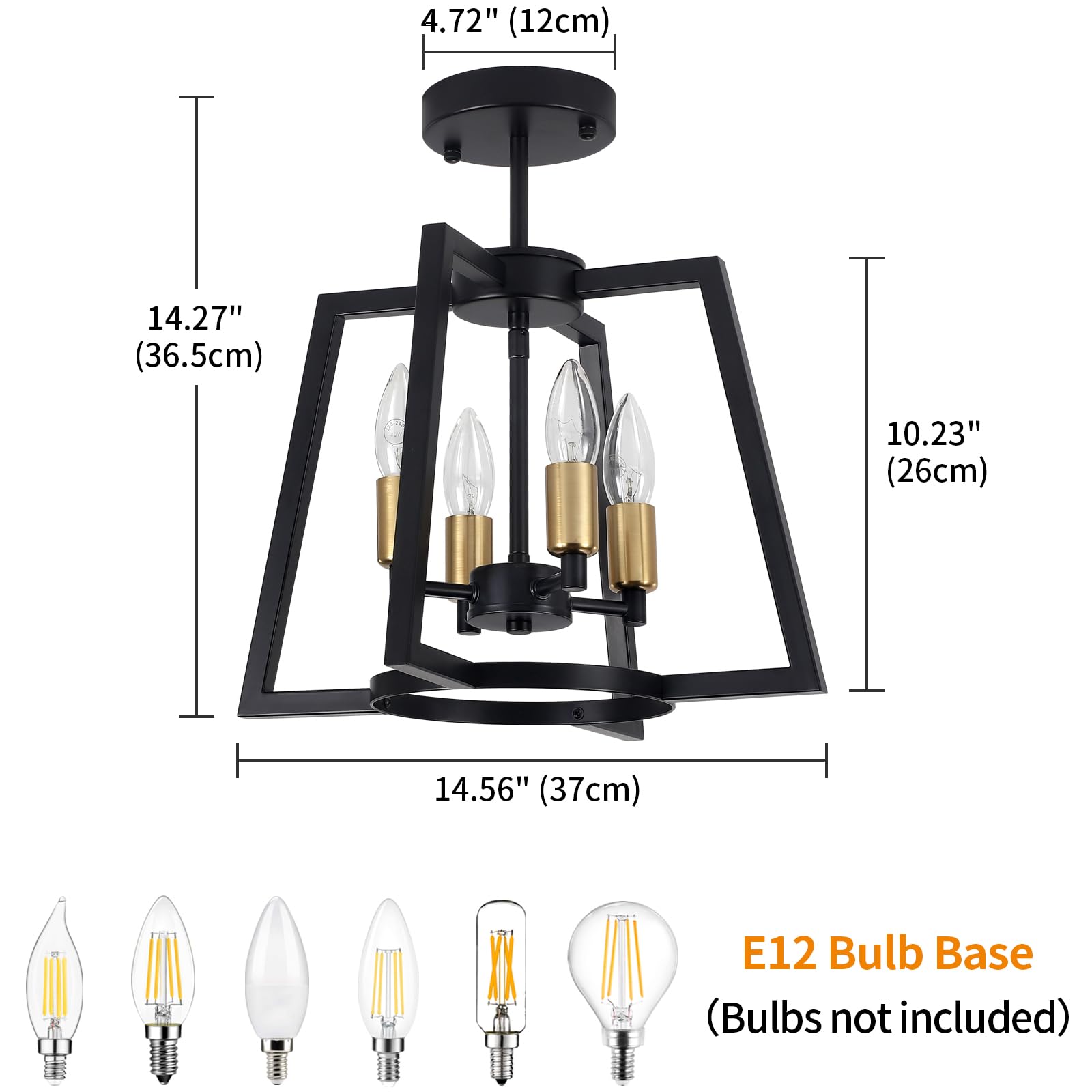Toulmj 4-Light Ceiling Light Fixture, Farmhouse Semi-Flush Mount Ceiling Lighting, Black Gold Kitchen Light Fixture For Foyer, H