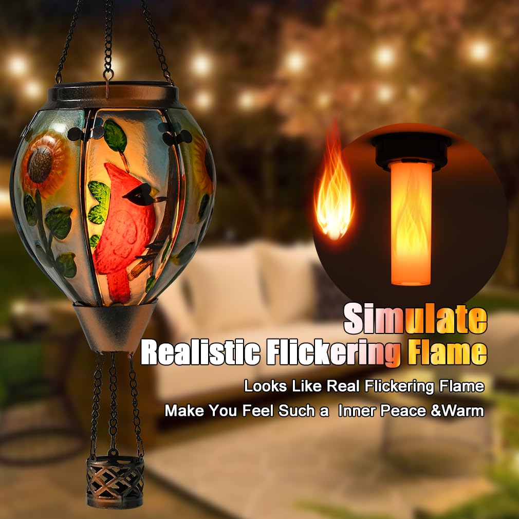 Hot Air Balloon Solar Lantern - Large Cardinal Bird Glass Lantern  Simulated Flickering & Dancing Flame  Big Outdoor Hanging Sunflower Yard Light Waterproof Ip65 For Patio Lawn Porch Decor Gift