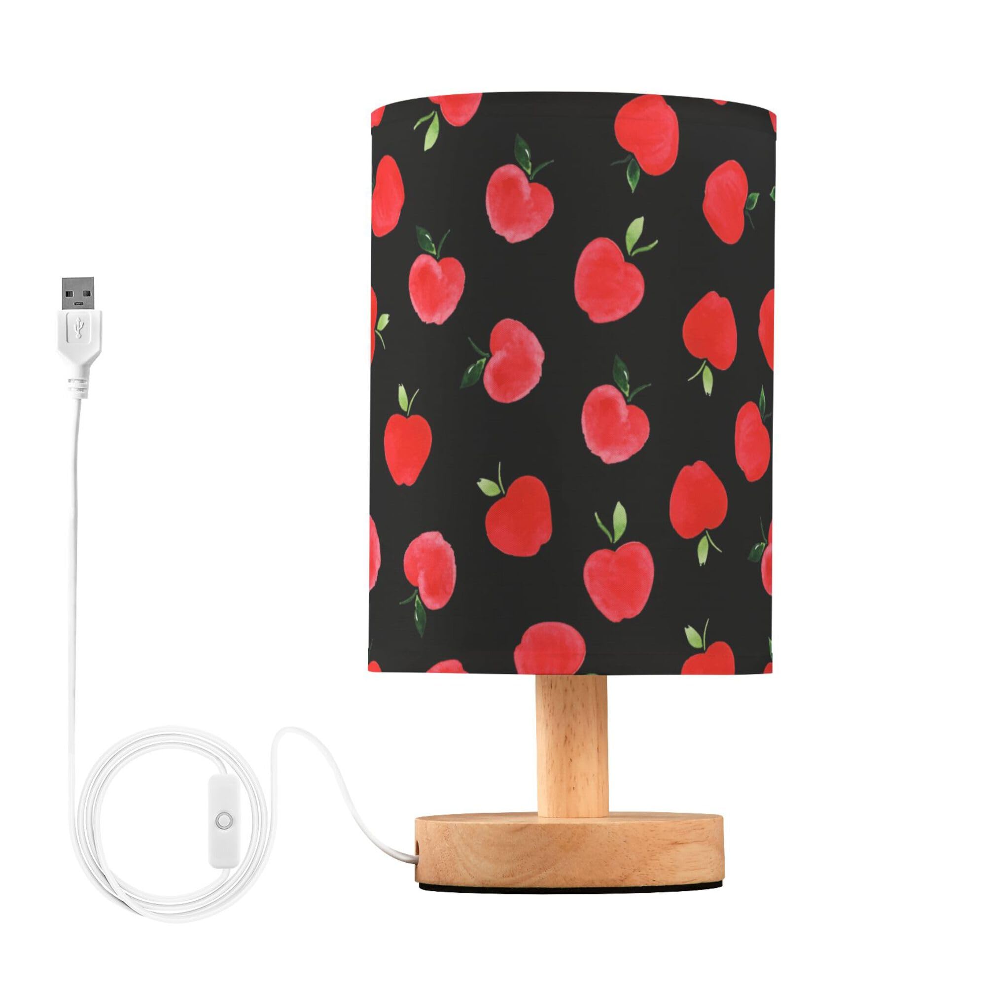 YYZZH Table Lamp Watercolor Red Apple Pattern Black Nightstand Lamp with Wood Base Fabric Lamp Shade Bedside Desk Lamp for Livin