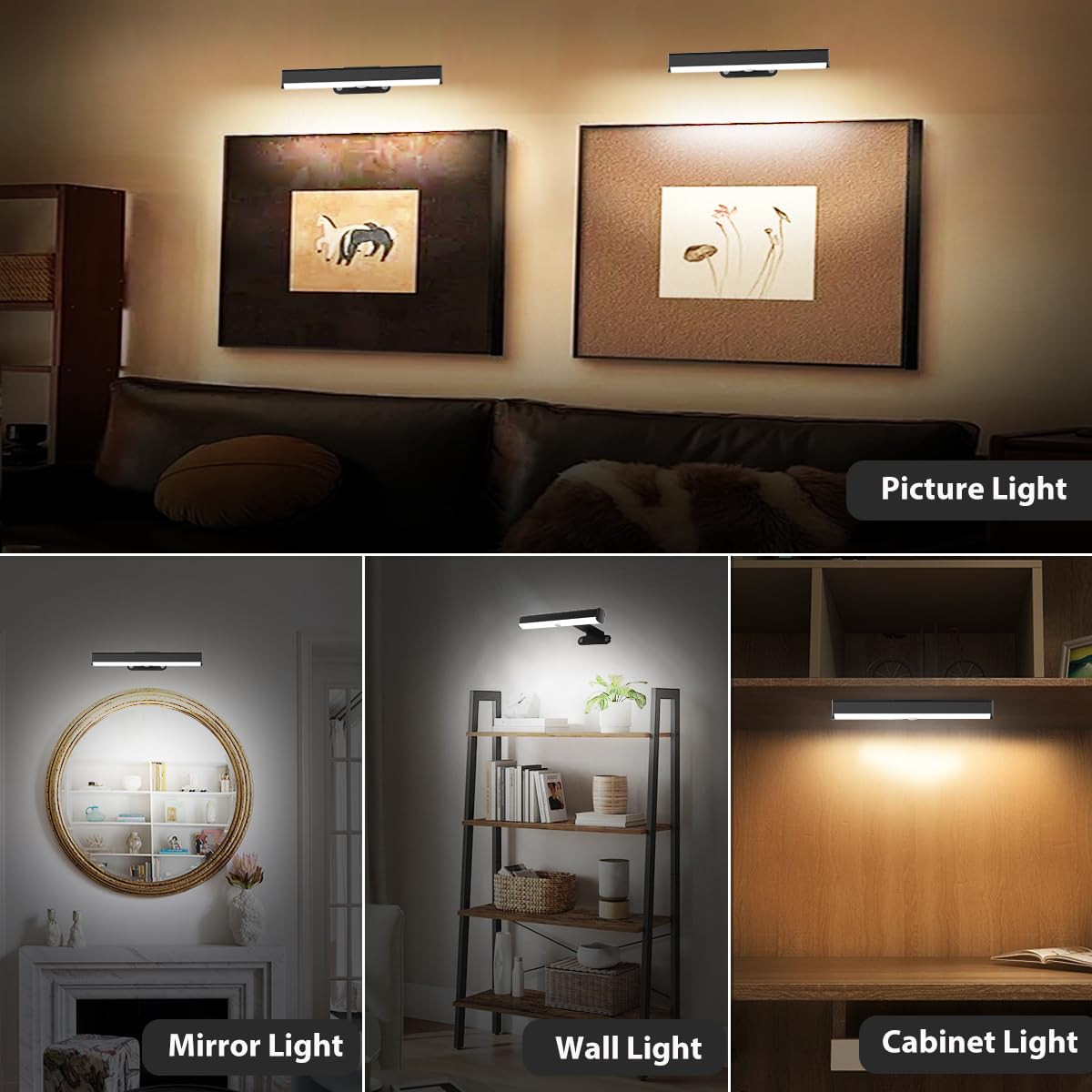 EUIOKUN 2PACK LED Picture Light, Wireless Dimmable Wall Light, Black, Remote Control, Battery Operated, Model m5 for Artwork Decor